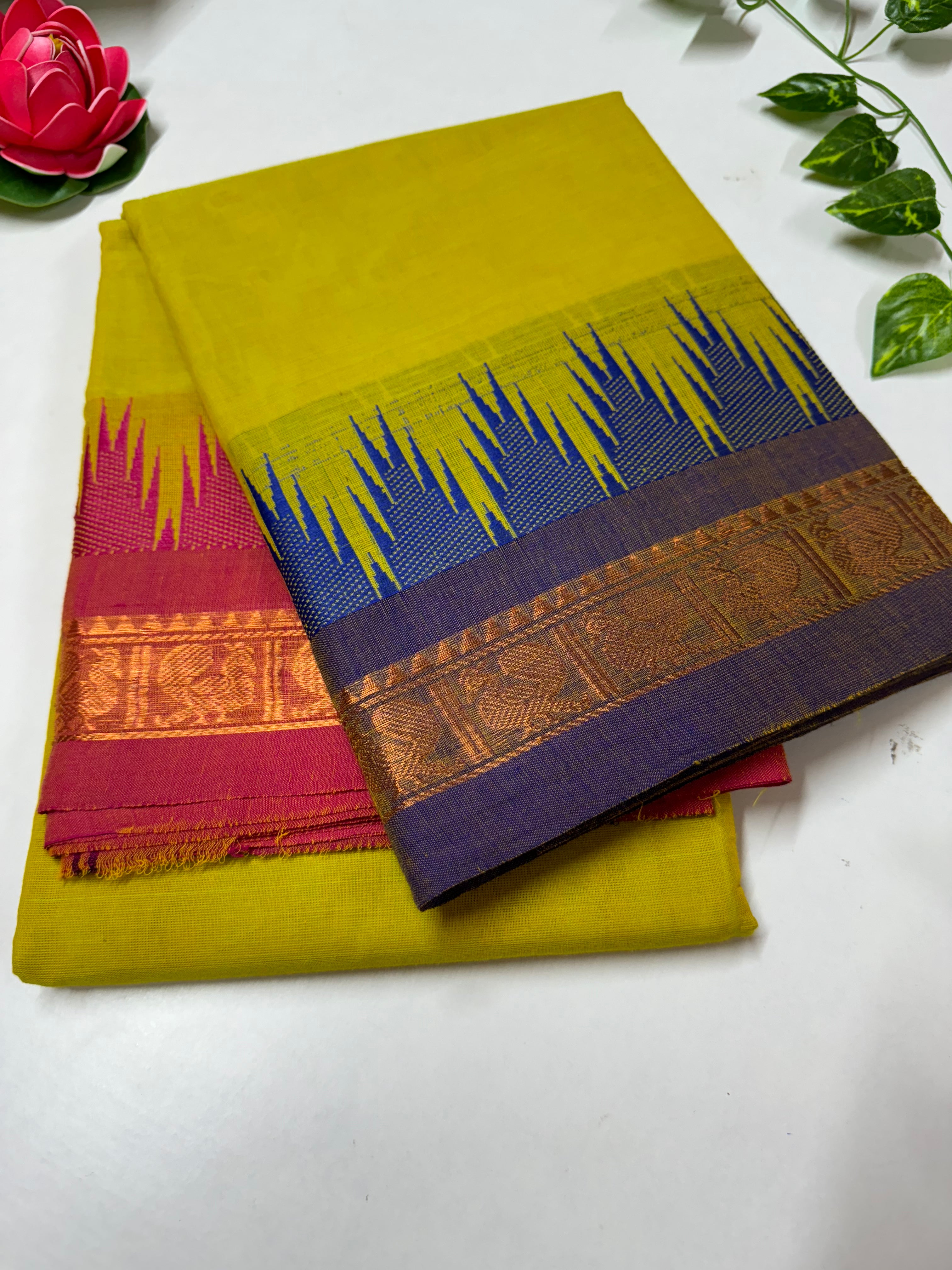 Lime Yellow Thazhampoo ganga Jamuna Chettinadu Cotton Saree