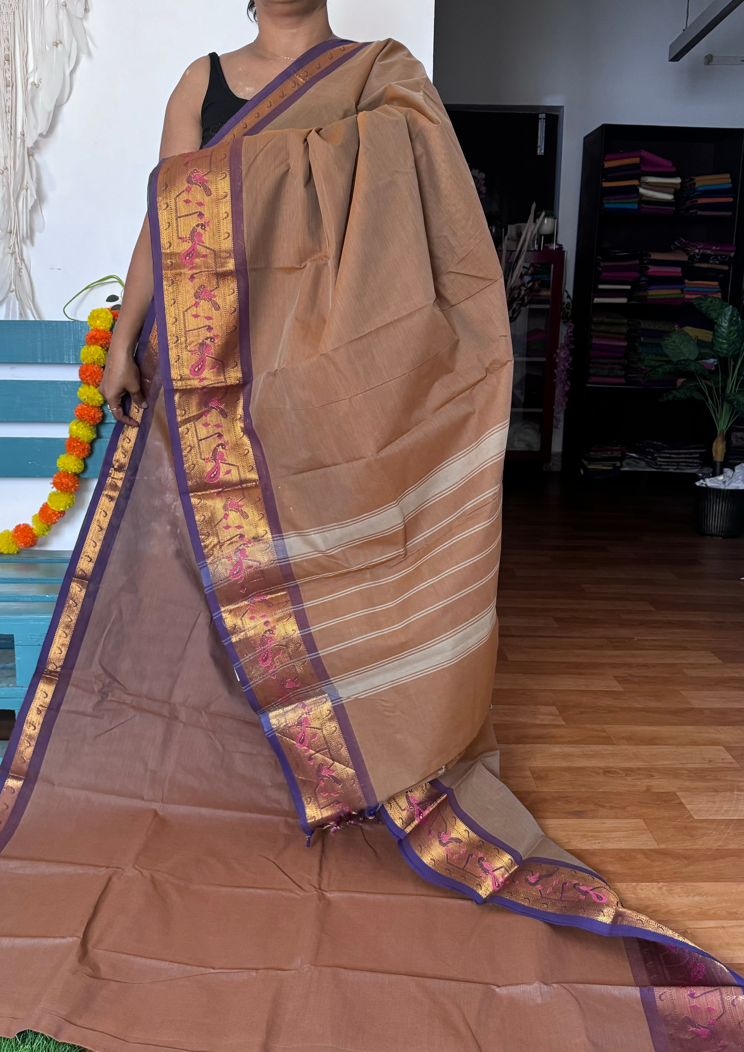 Double Shaded Brown Paithani Border Chettinadu Cotton Saree