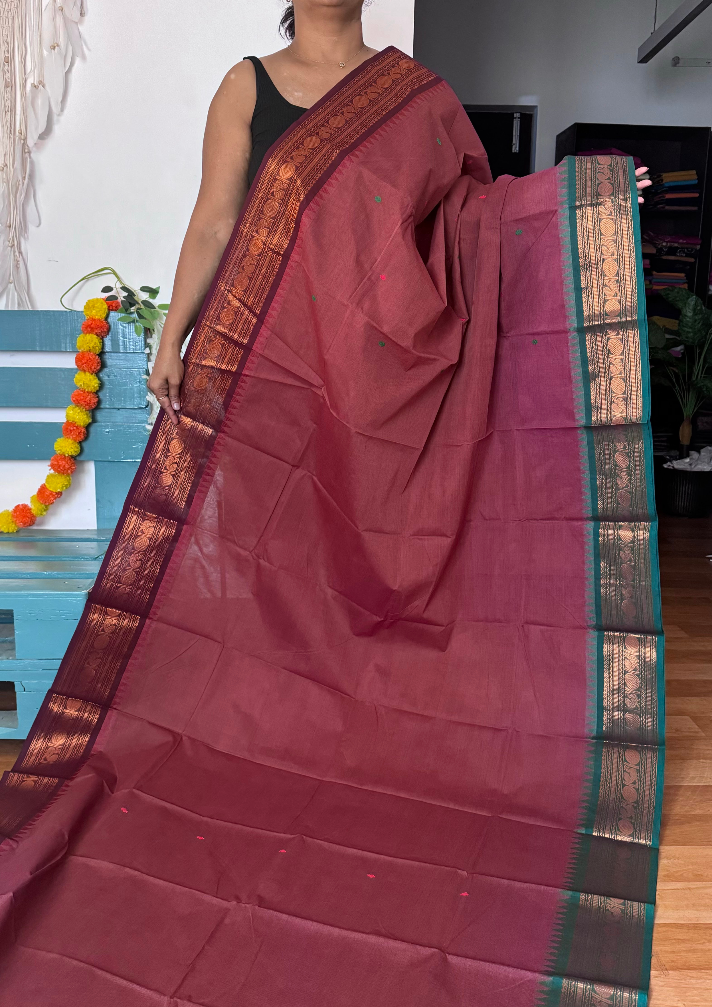 Deep Maroon and Green Ganga Jamuna  Chettinadu Cotton Saree