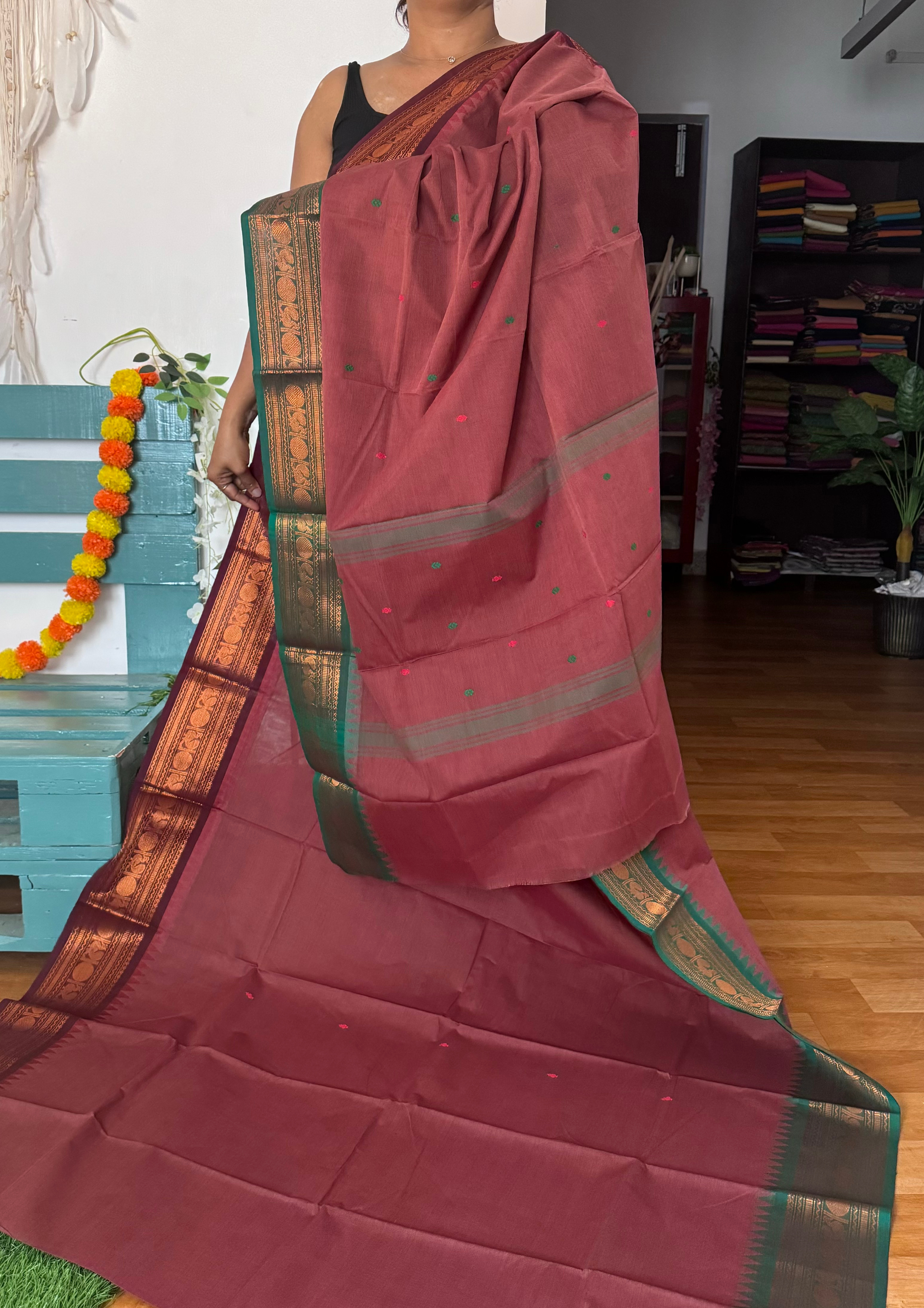 Deep Maroon and Green Ganga Jamuna  Chettinadu Cotton Saree