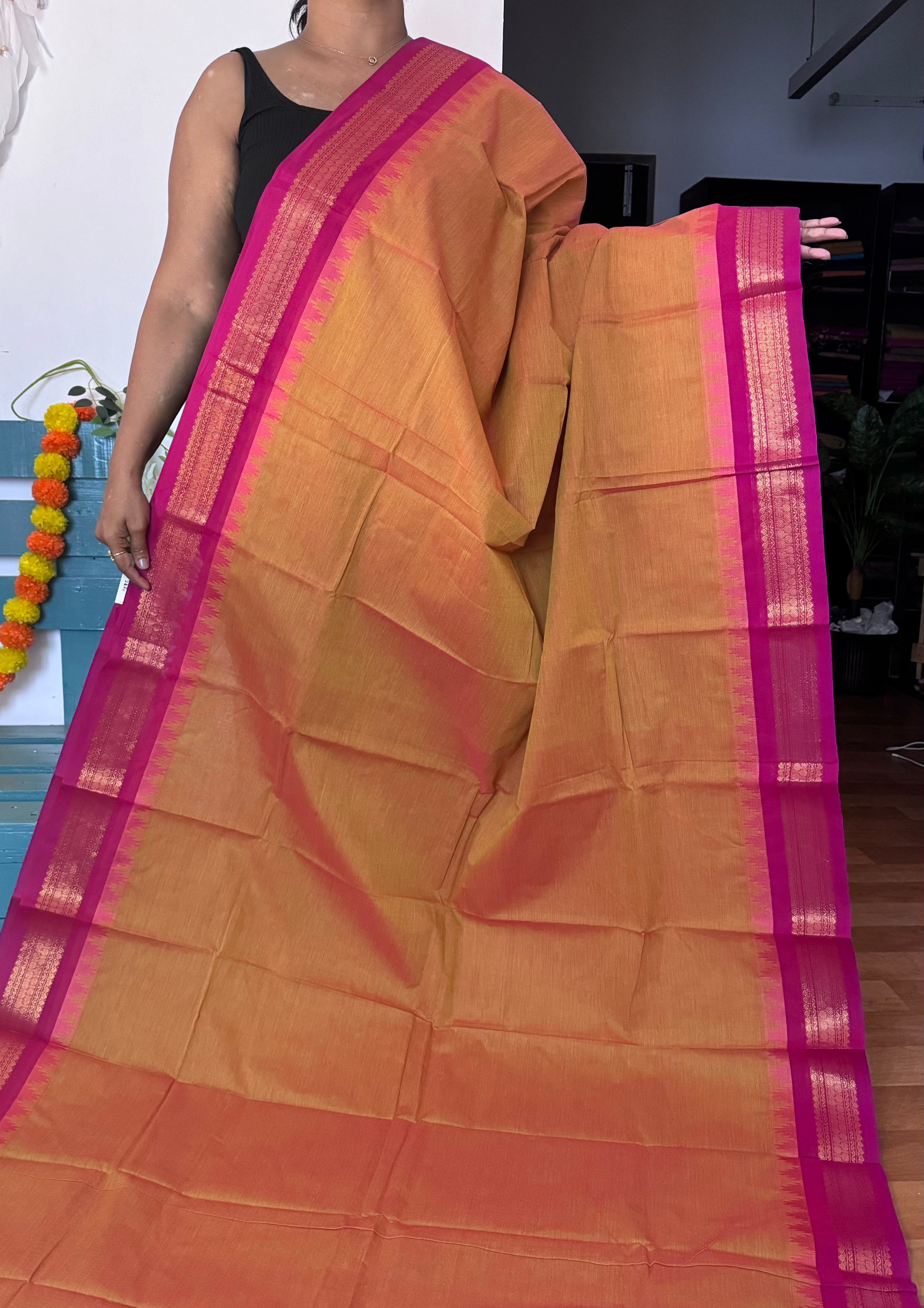 Mustard Thazhampoo Chettinadu Cotton Saree