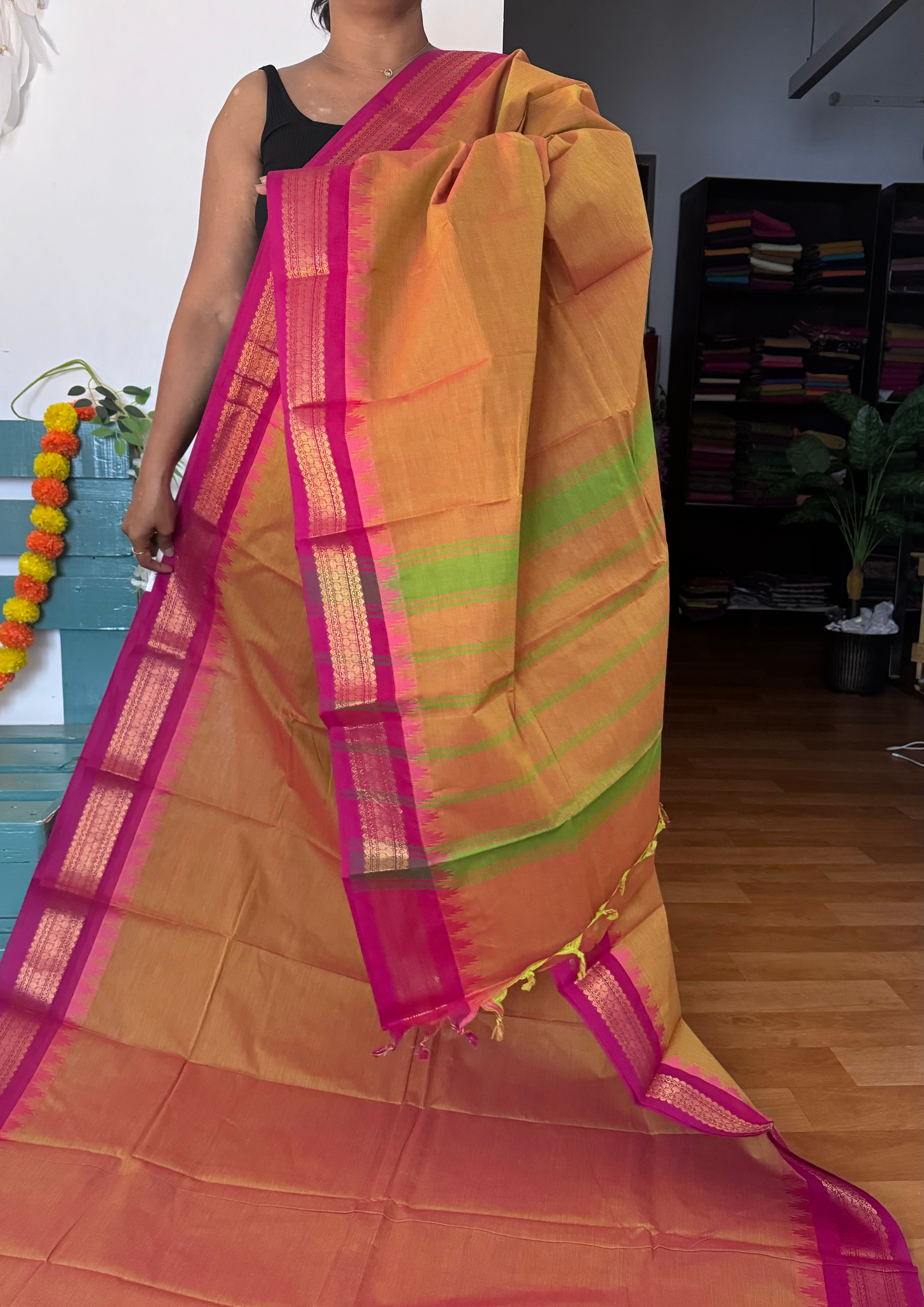 Mustard Thazhampoo Chettinadu Cotton Saree