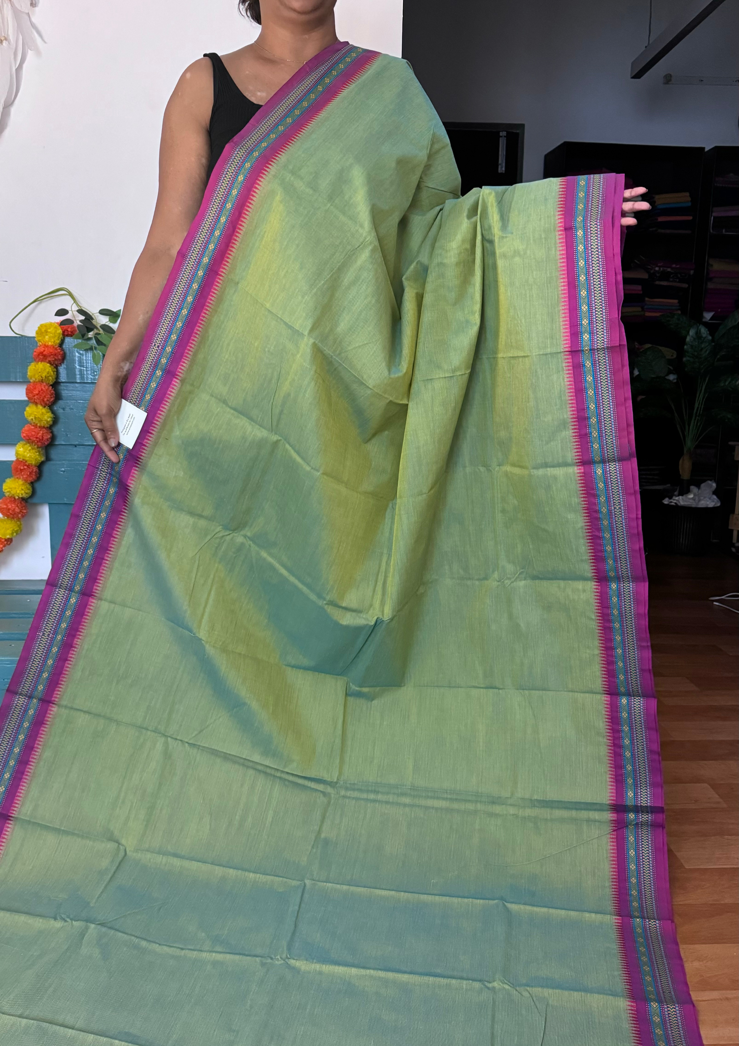 Sea Green and Small Border Chettinadu Cotton Saree