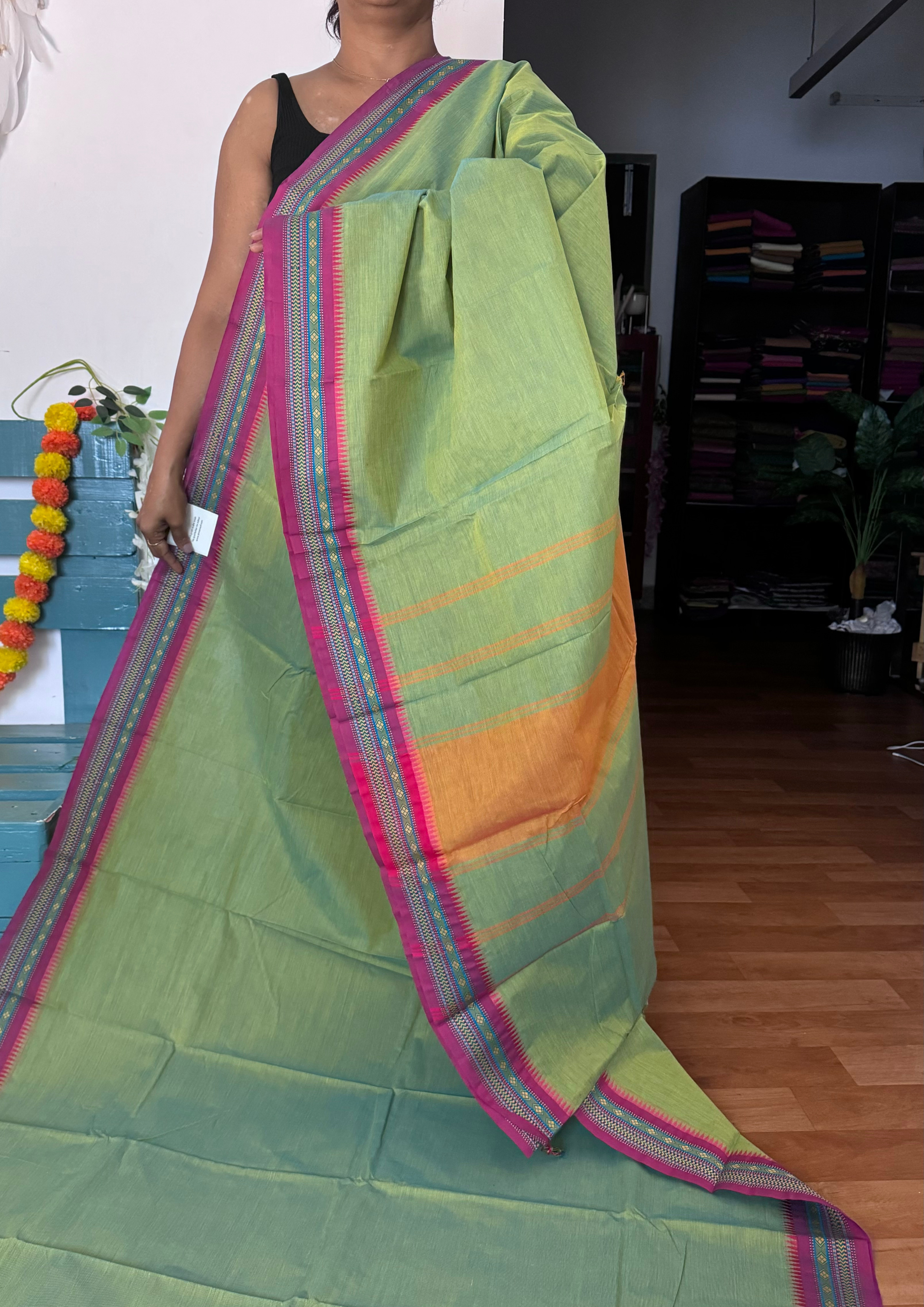 Sea Green and Small Border Chettinadu Cotton Saree