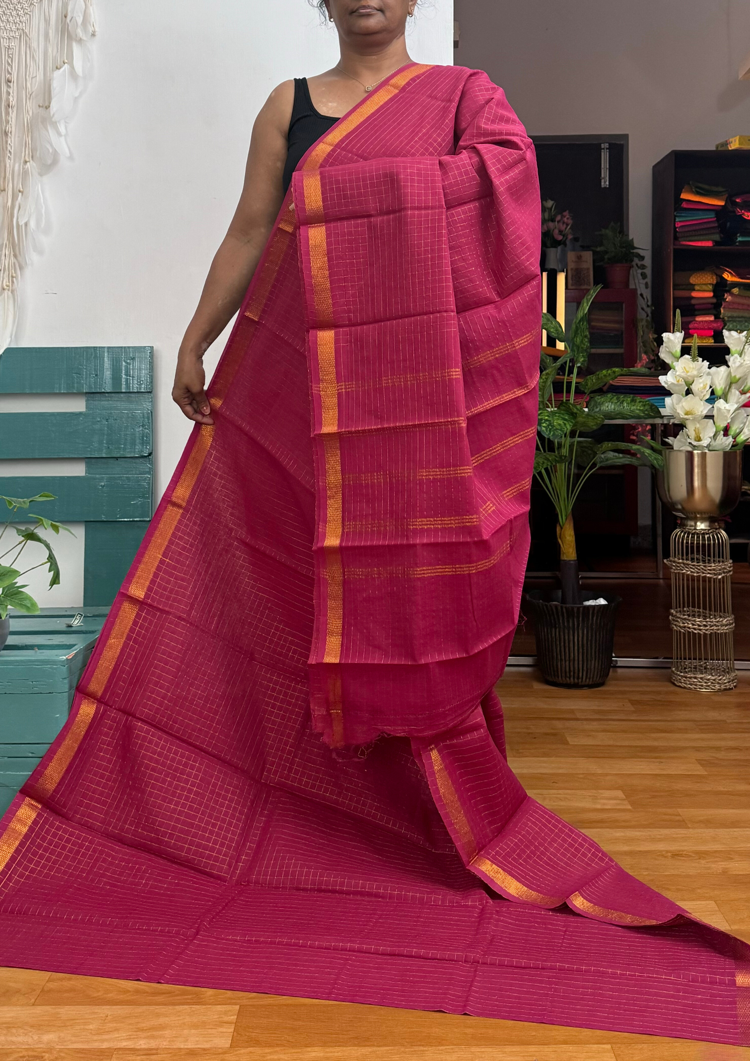 Dark Onion Pink  Checked Sungudi Cotton Saree