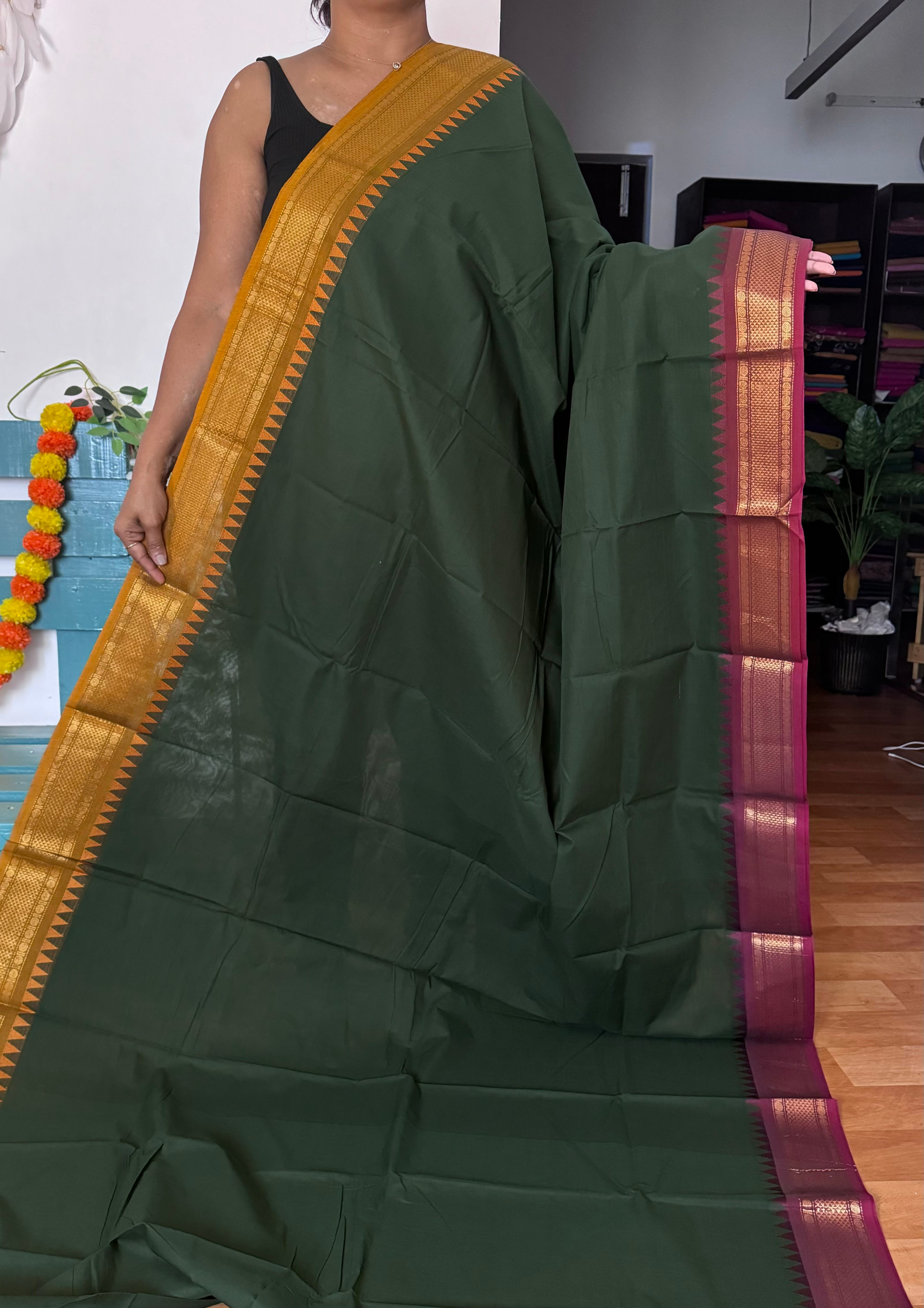 Dark Green Ganga Jamuna Chettinadu Cotton Saree