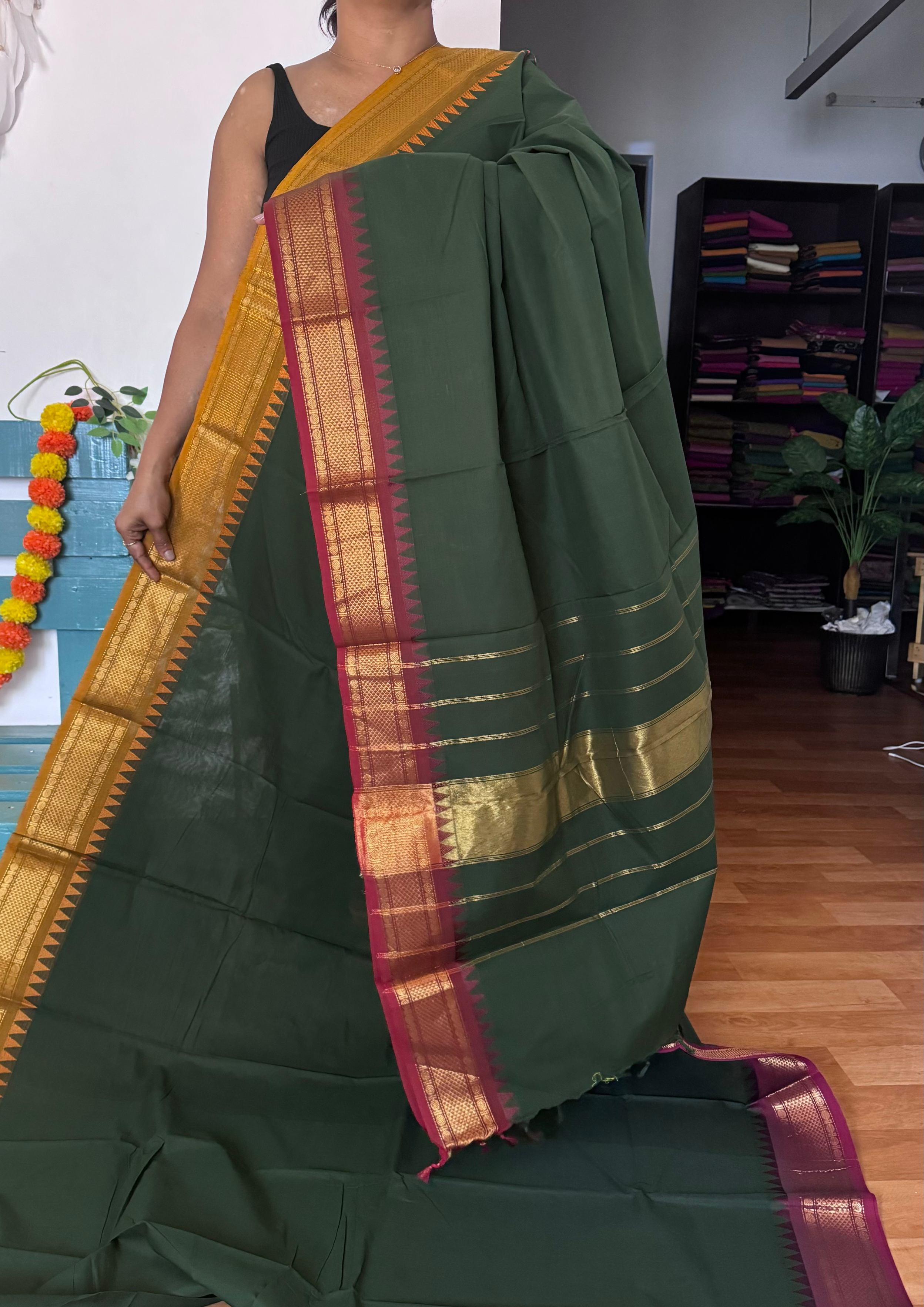 Dark Green Ganga Jamuna Chettinadu Cotton Saree