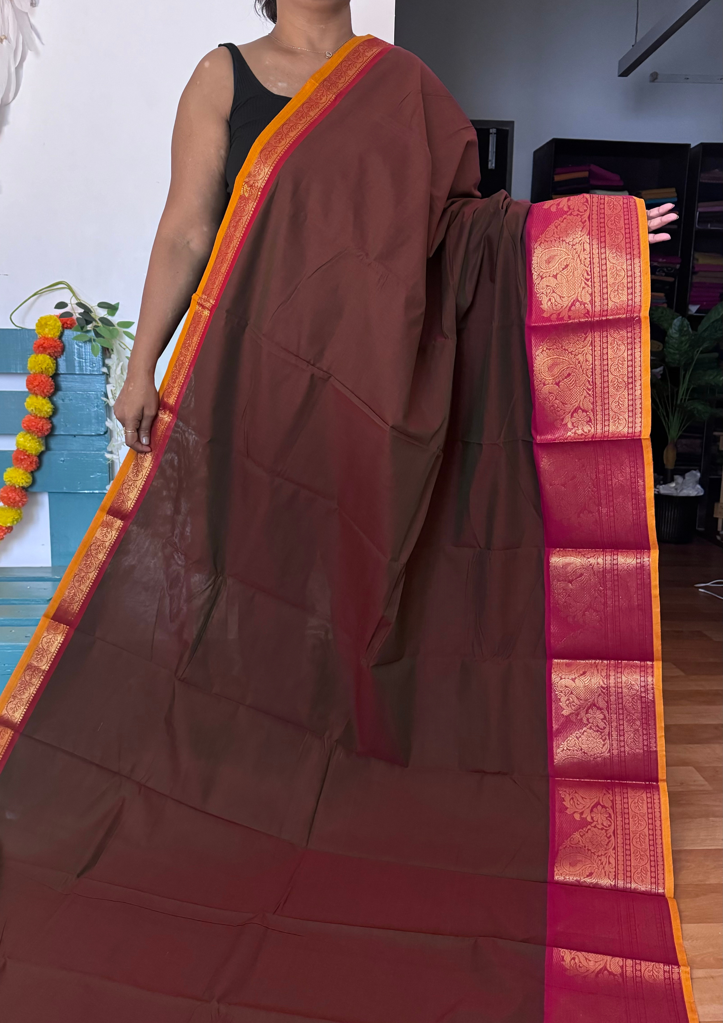 Brown Big Border Chettinadu Cotton Saree