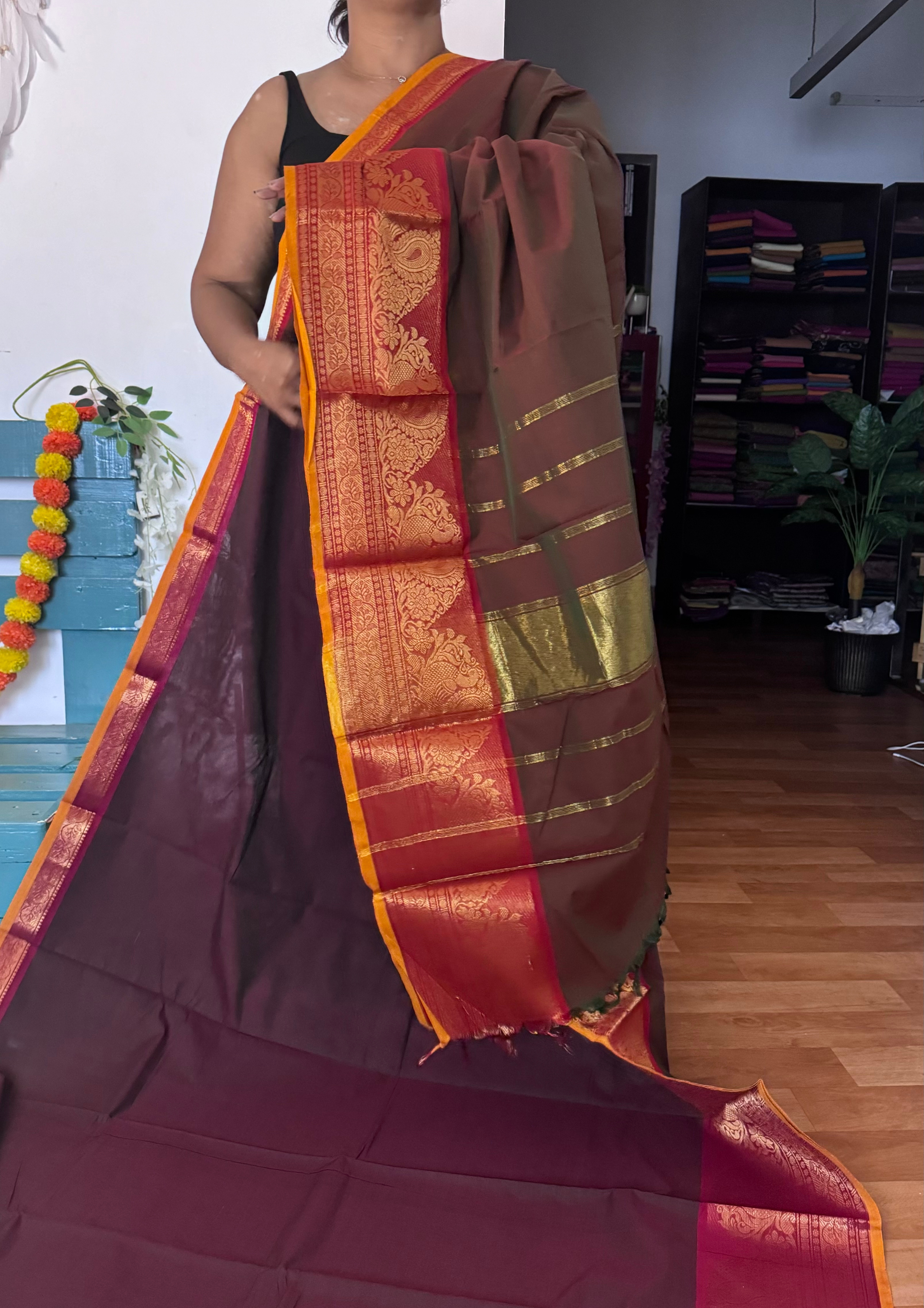 Brown Big Border Chettinadu Cotton Saree