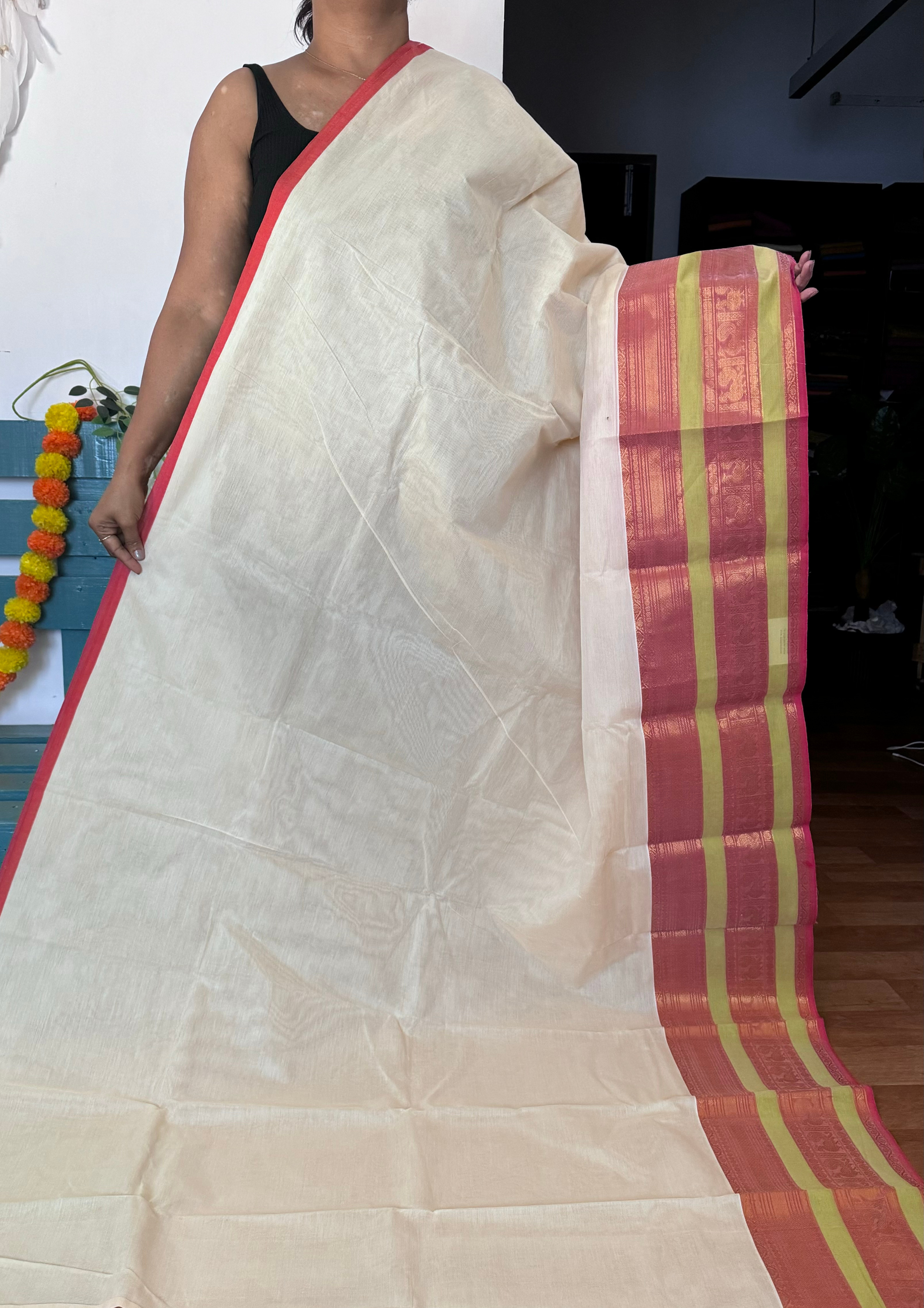 Offwhite Big Border Chettinadu Cotton Saree