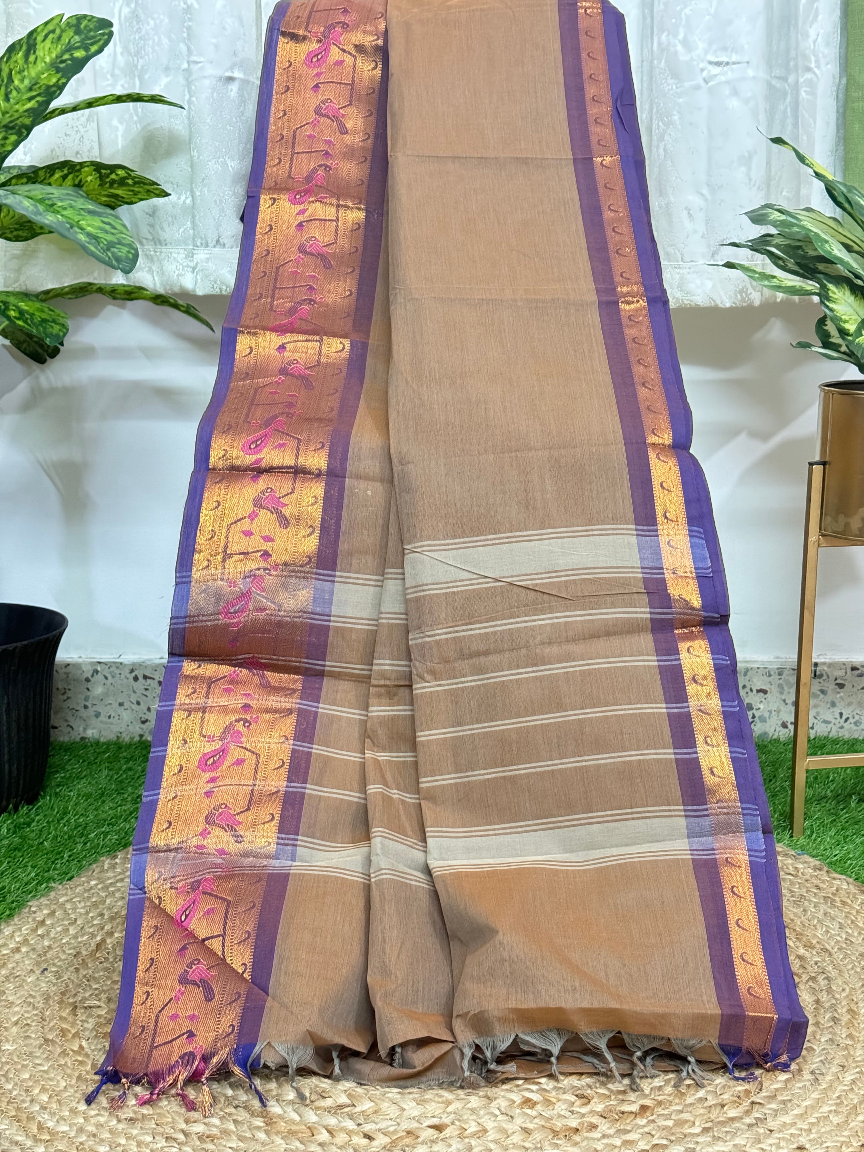 Double Shaded Brown Paithani Border Chettinadu Cotton Saree