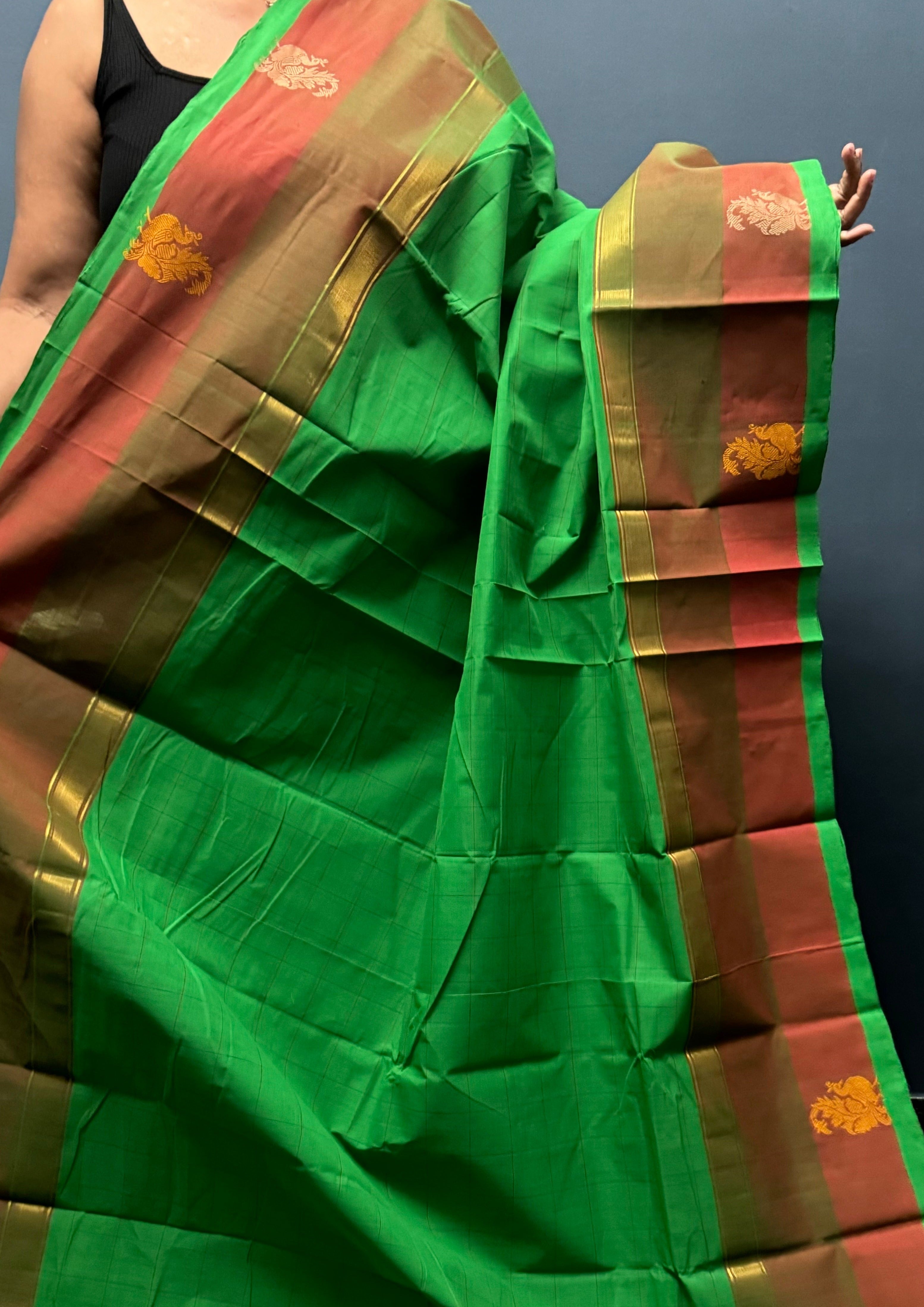 Green and Maroon Checked Chettinadu Cotton Saree