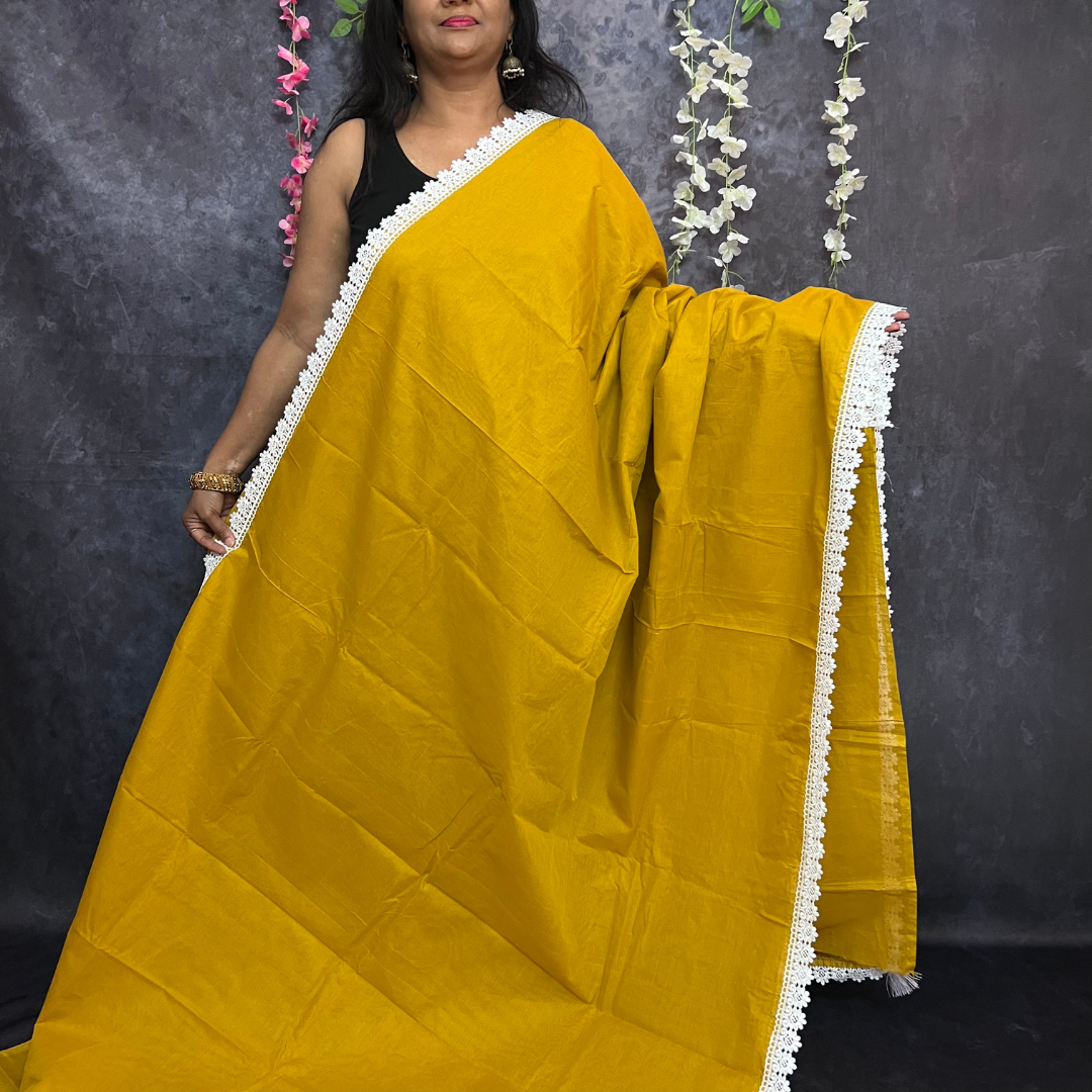 Mustard chettinadu cotton saree with lace detailing