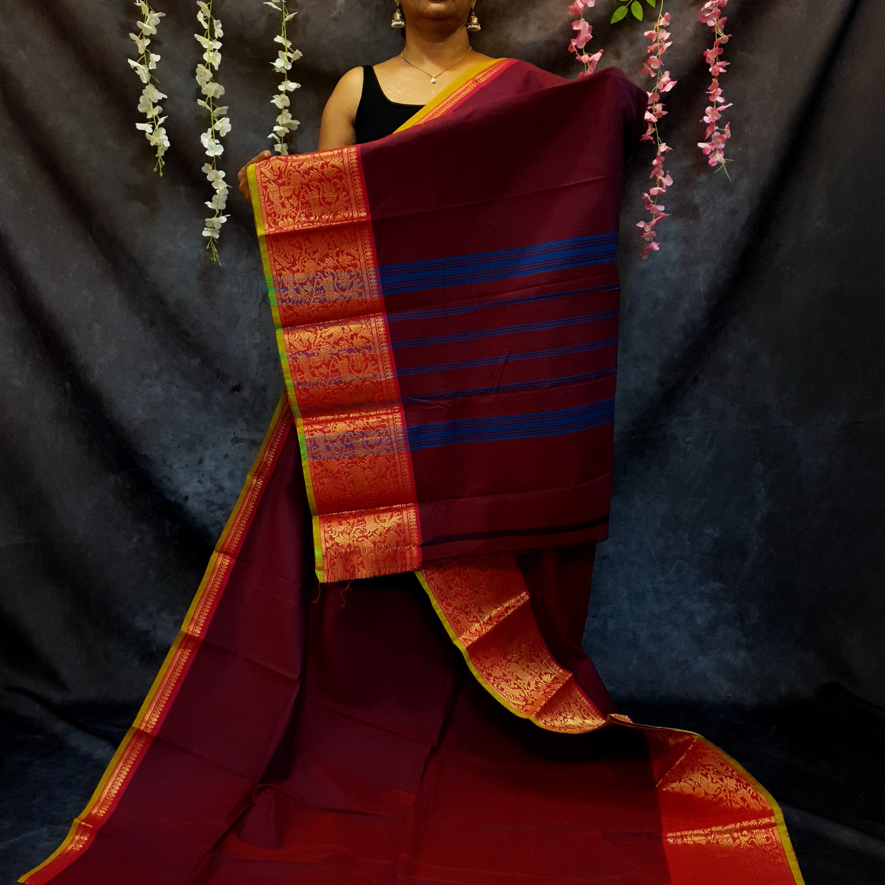 Maroon Vanasingaram border chettinadu cotton saree