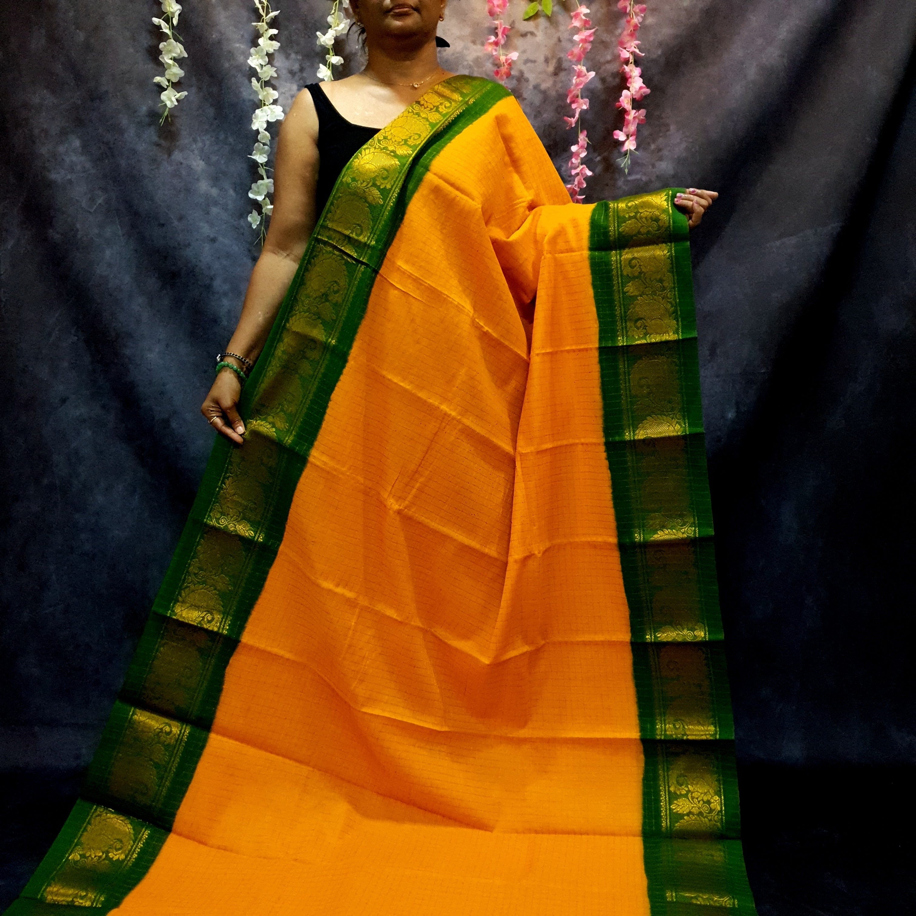 Mango Yellow checks Sungudi Cotton Saree