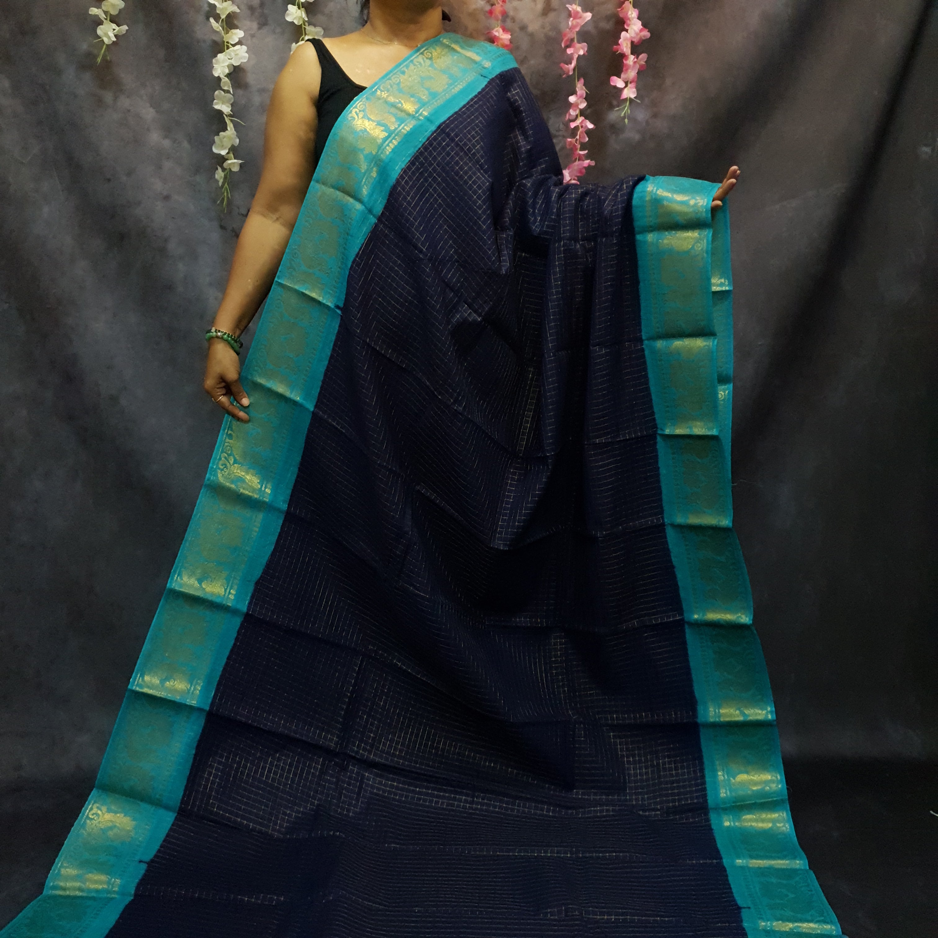 Navy Blue checks Sungudi Cotton Saree