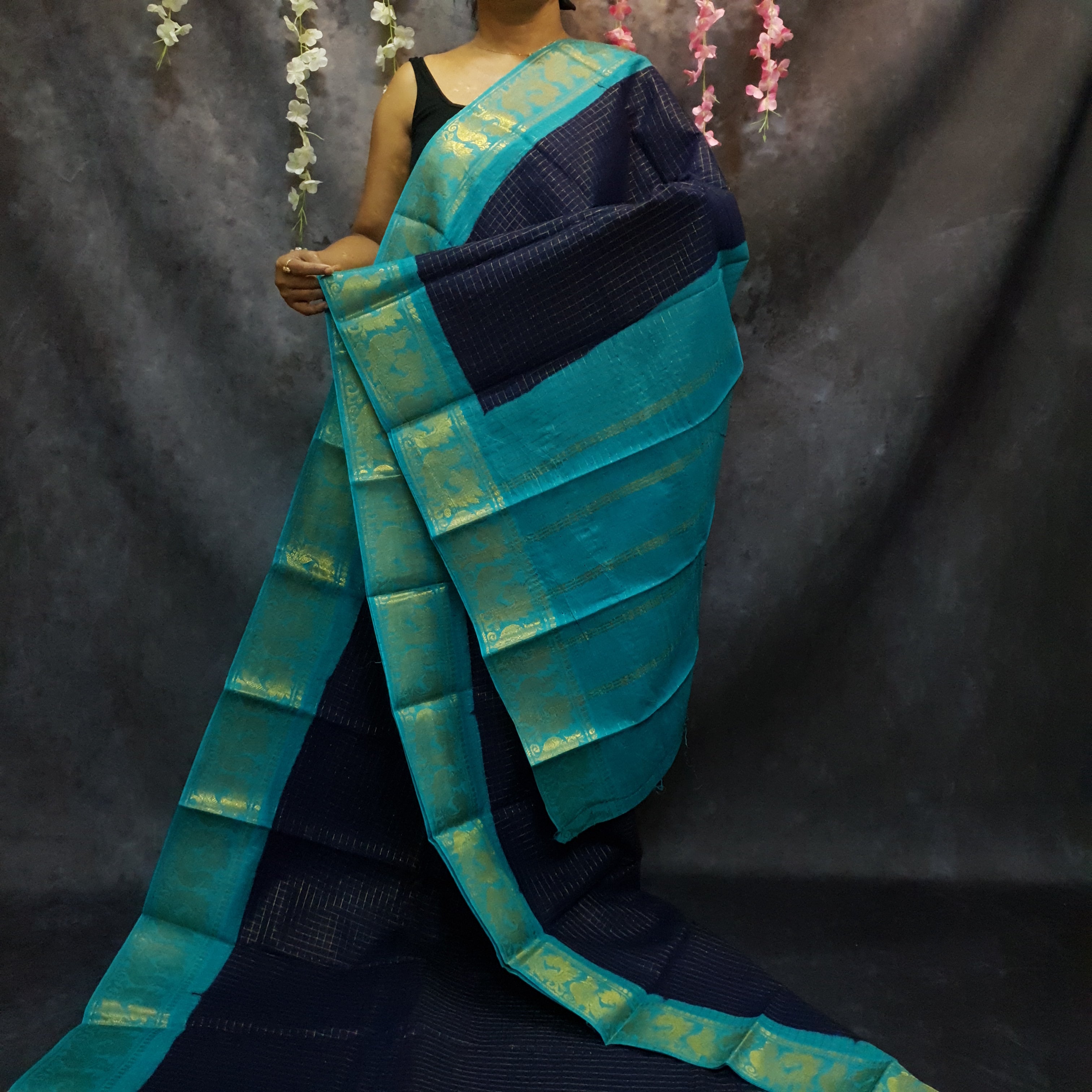 Navy Blue checks Sungudi Cotton Saree