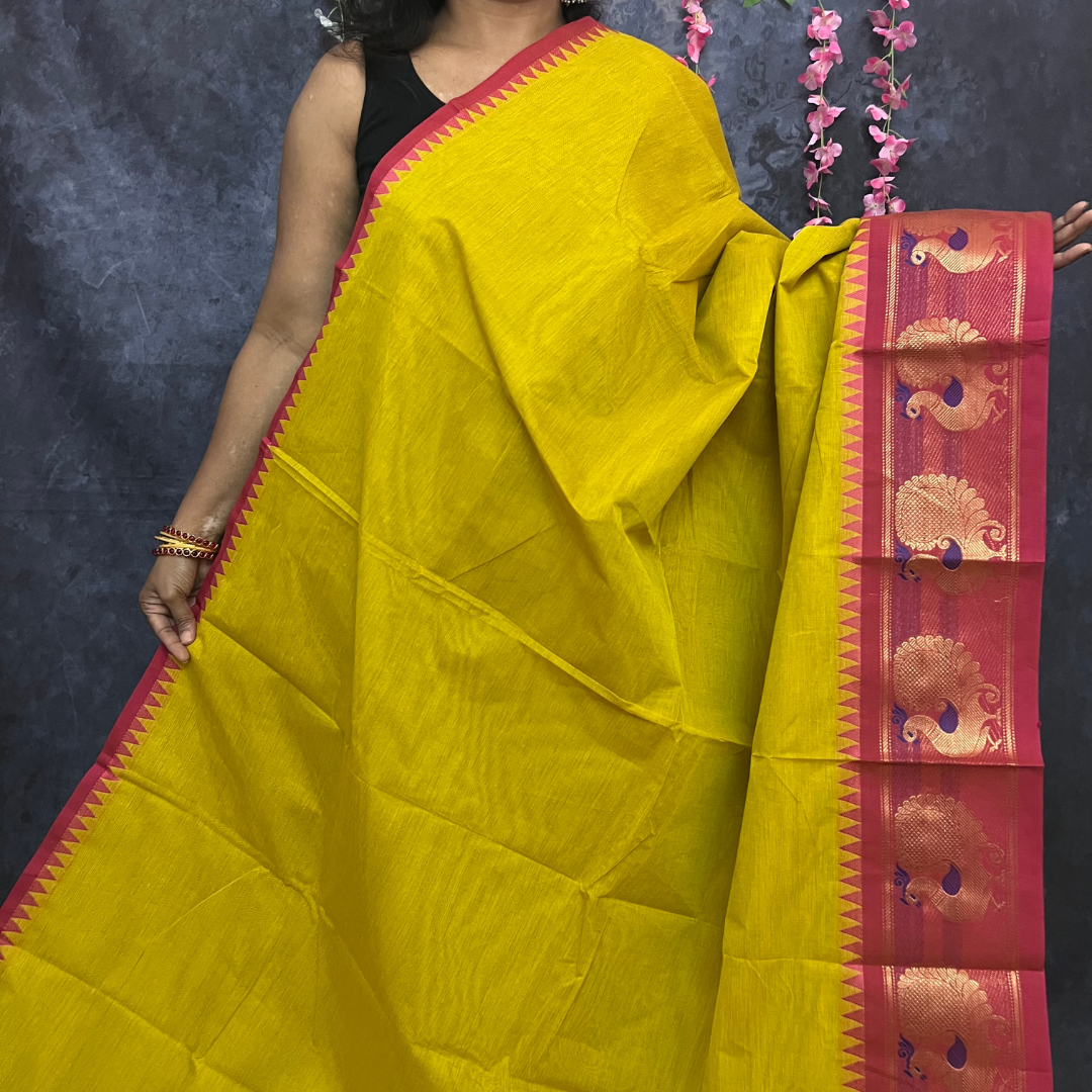 Lemon yellow mayil border chettinadu cotton saree