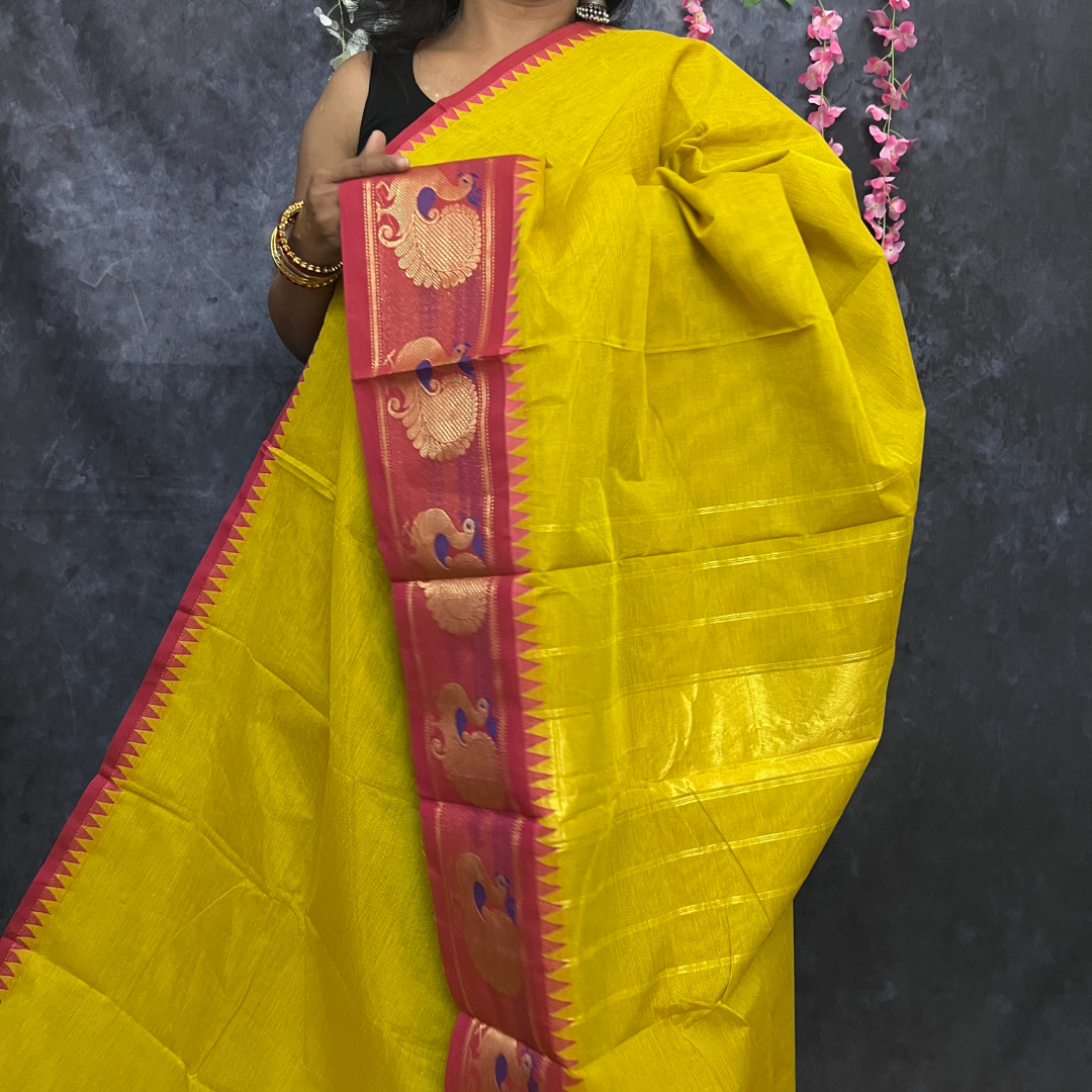 Lemon yellow mayil border chettinadu cotton saree