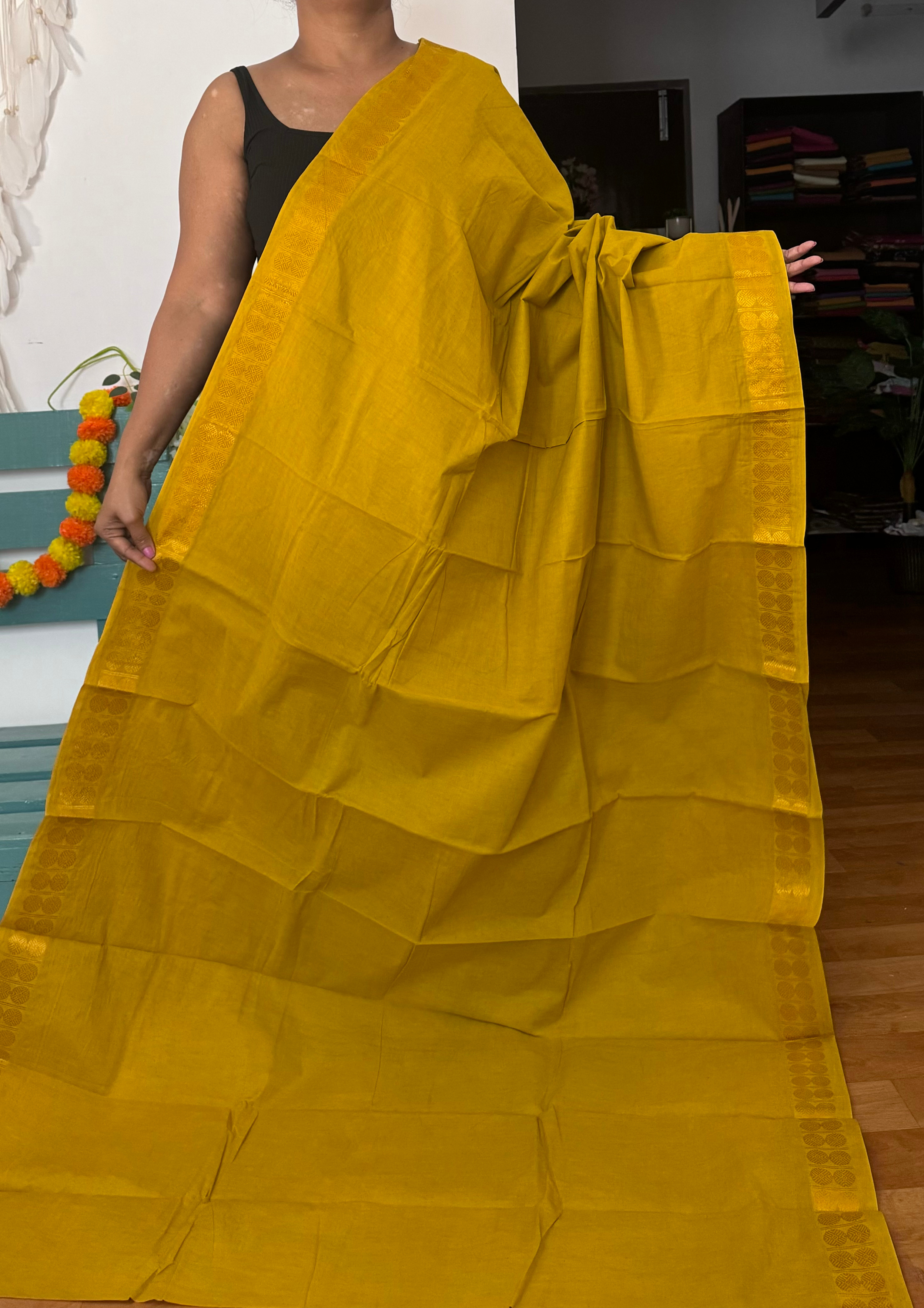 Mustard Sungudi Cotton Saree