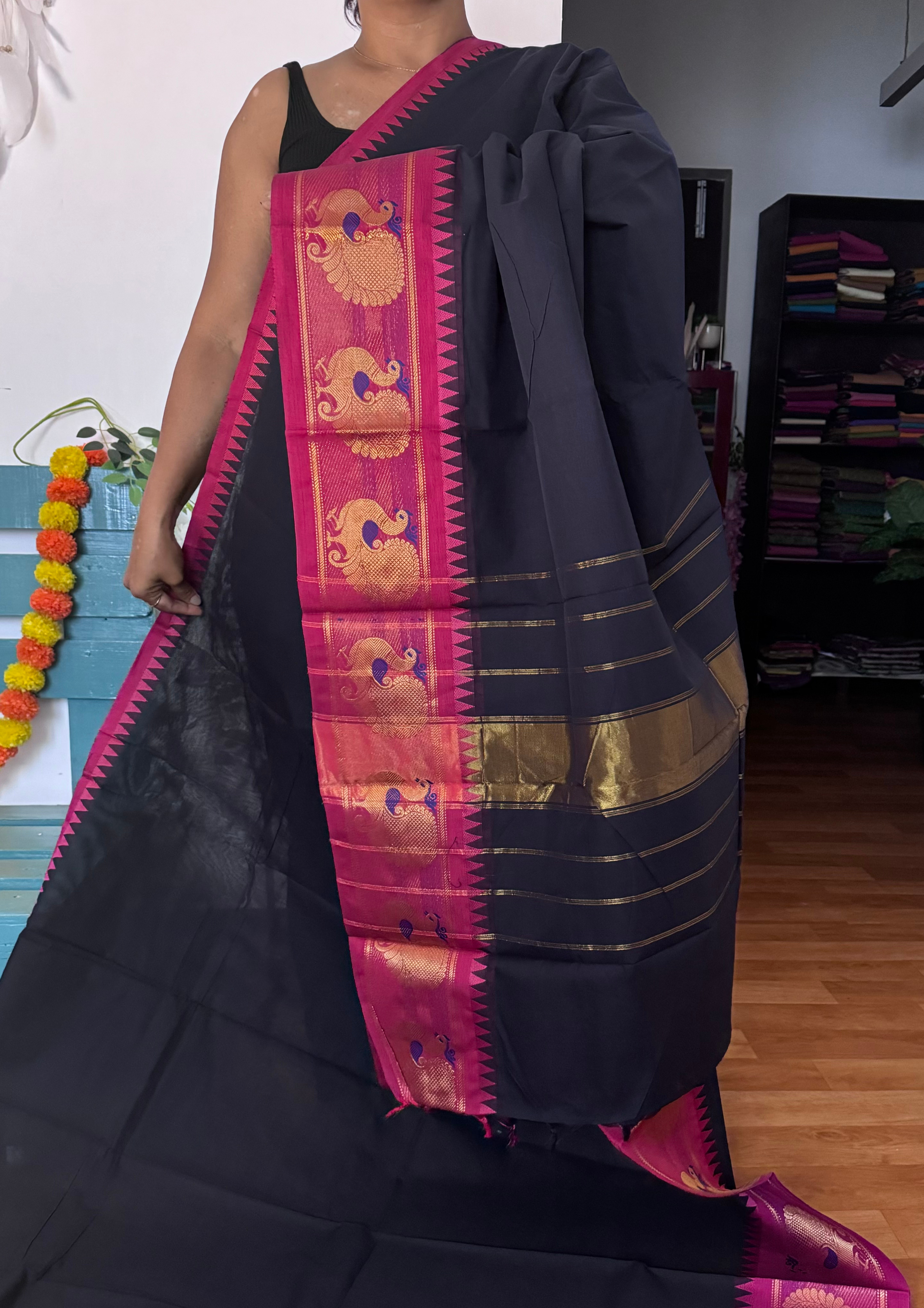 Navy Blue Chettinadu Cotton Saree