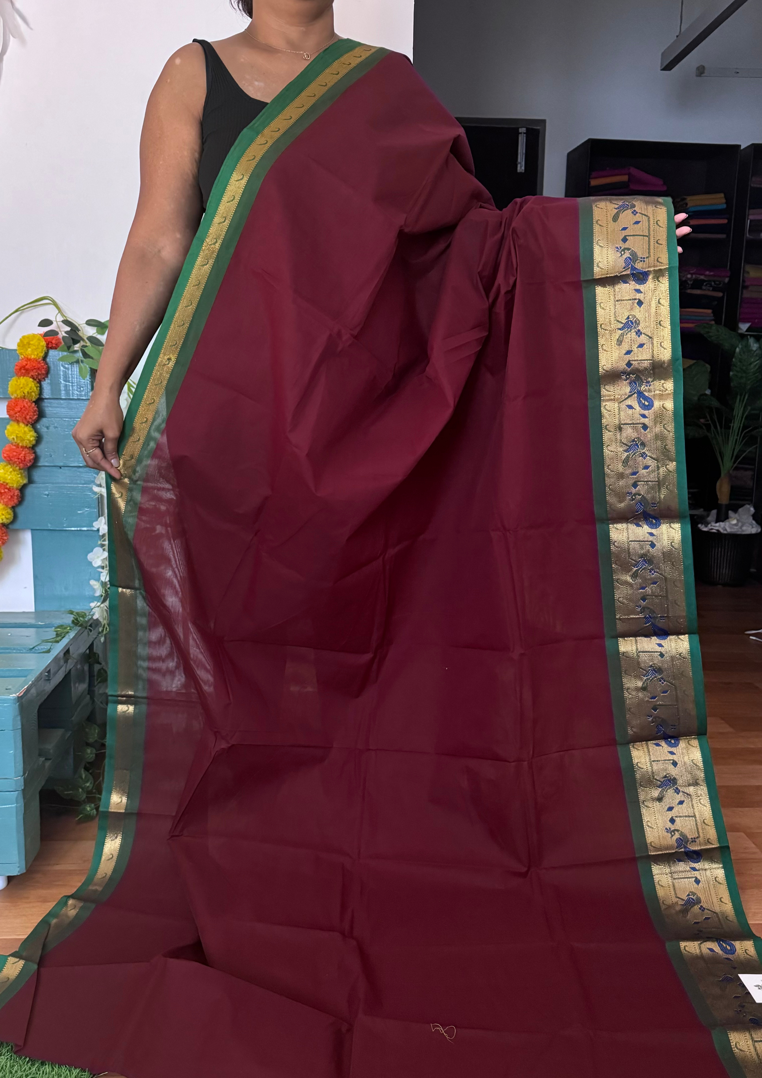 Maroon and Green Paithani Border Chettinadu Cotton Saree