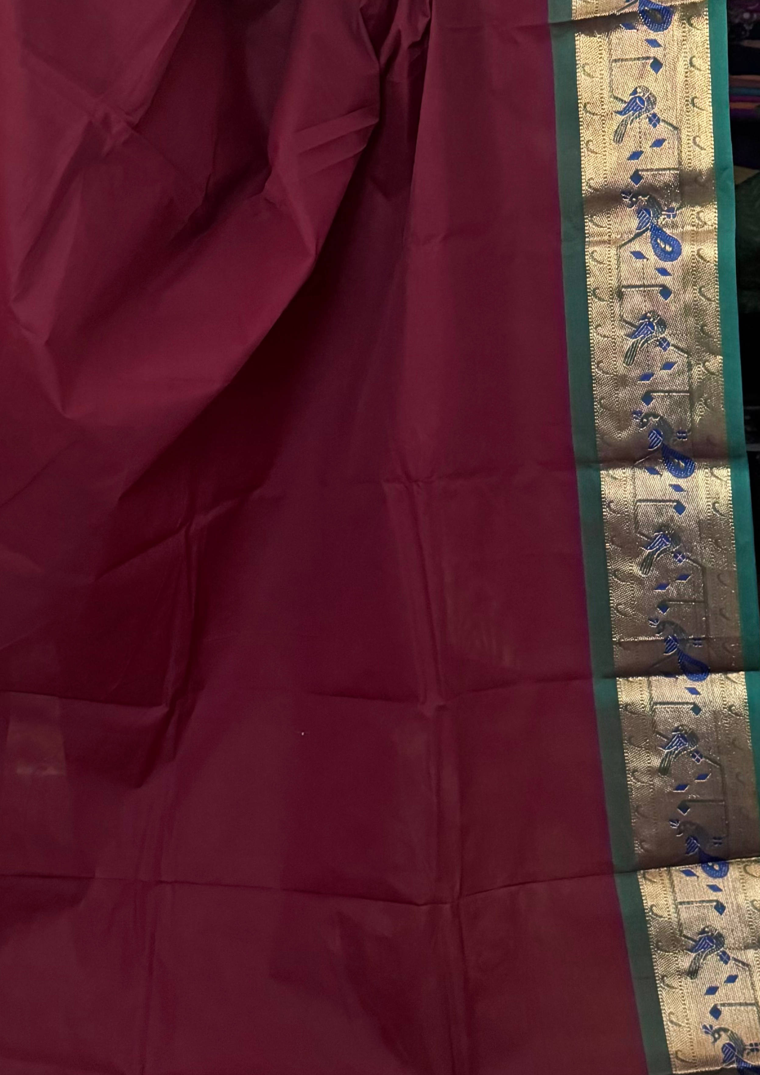 Maroon and Green Paithani Border Chettinadu Cotton Saree