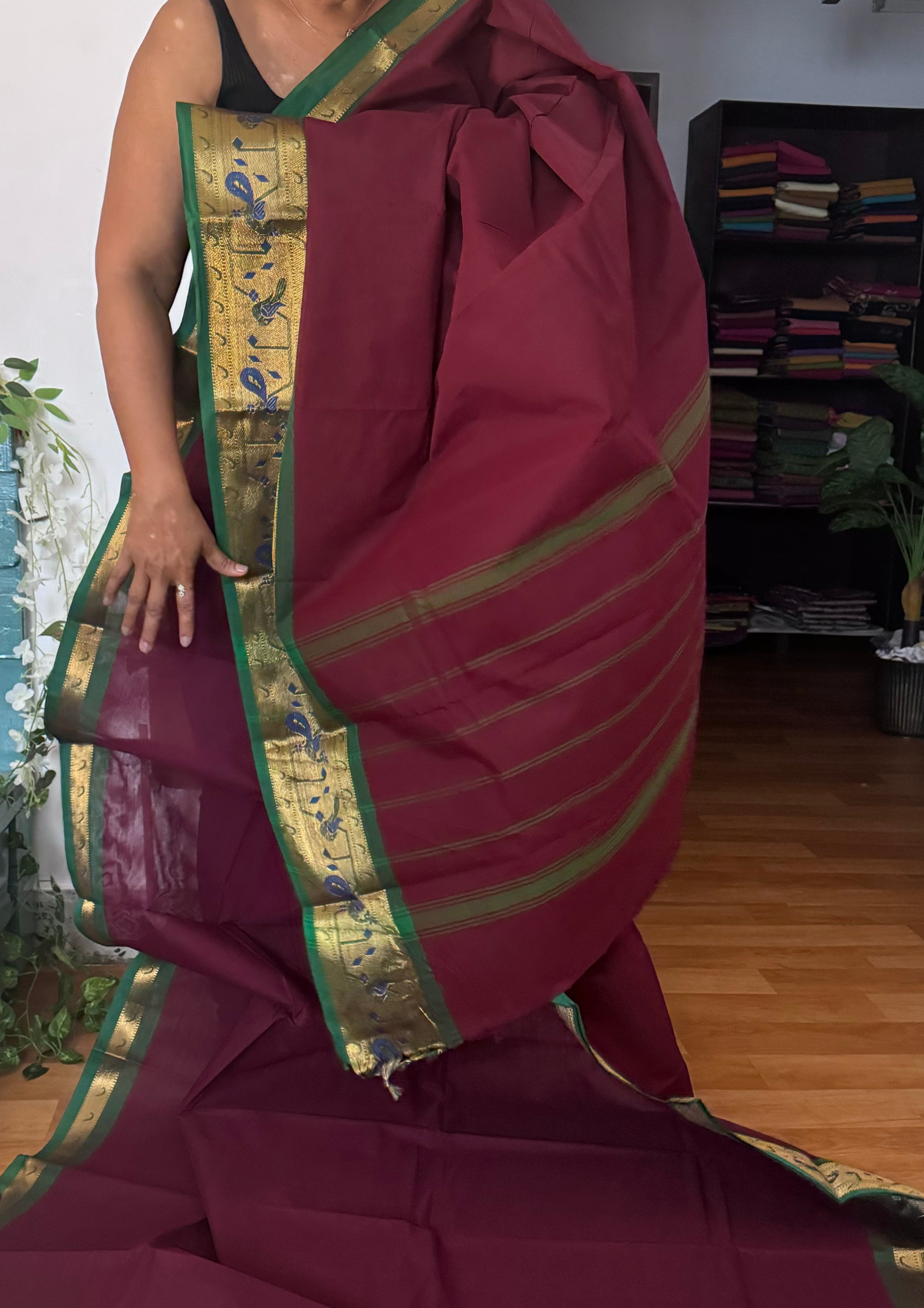 Maroon and Green Paithani Border Chettinadu Cotton Saree