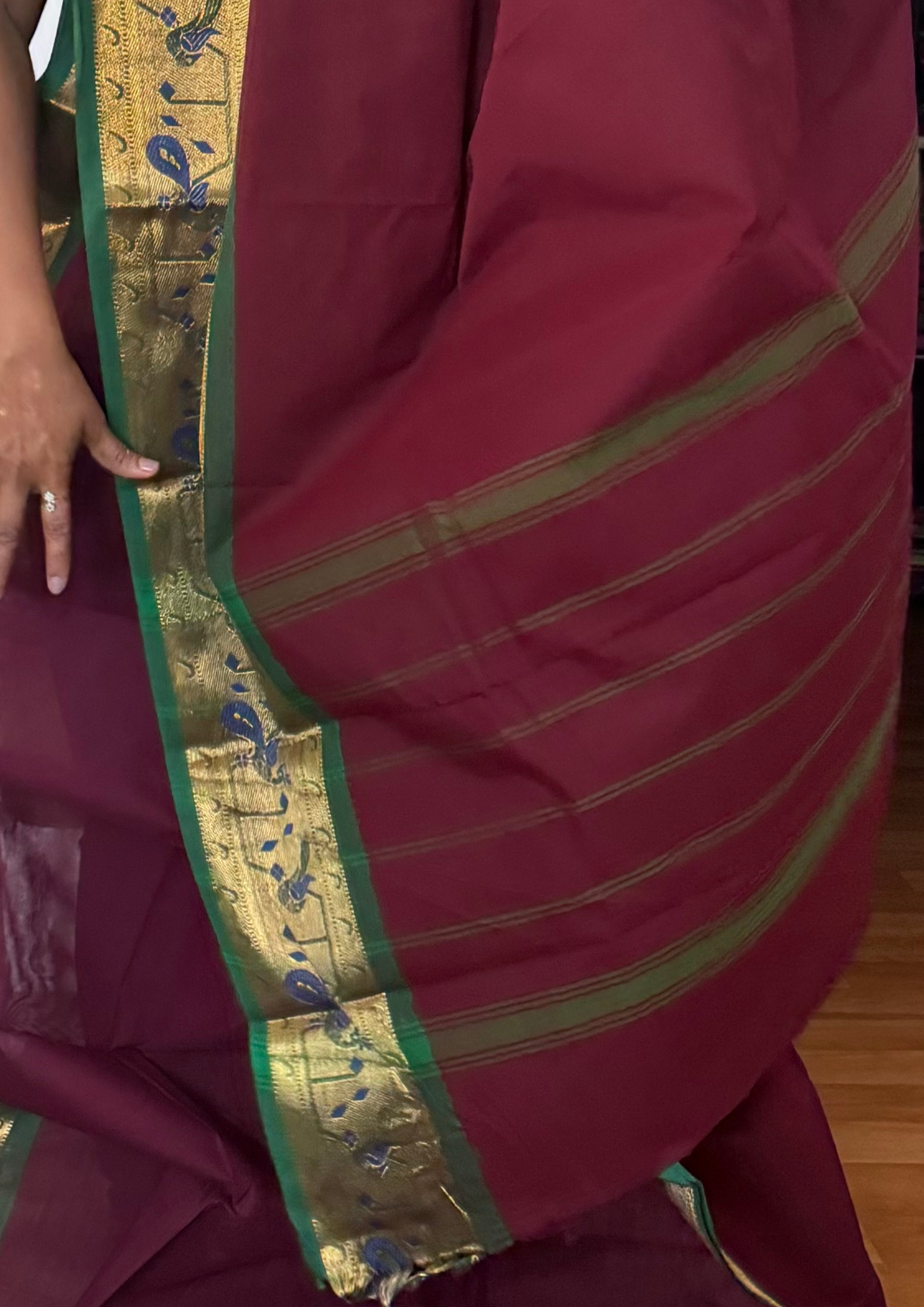 Maroon and Green Paithani Border Chettinadu Cotton Saree