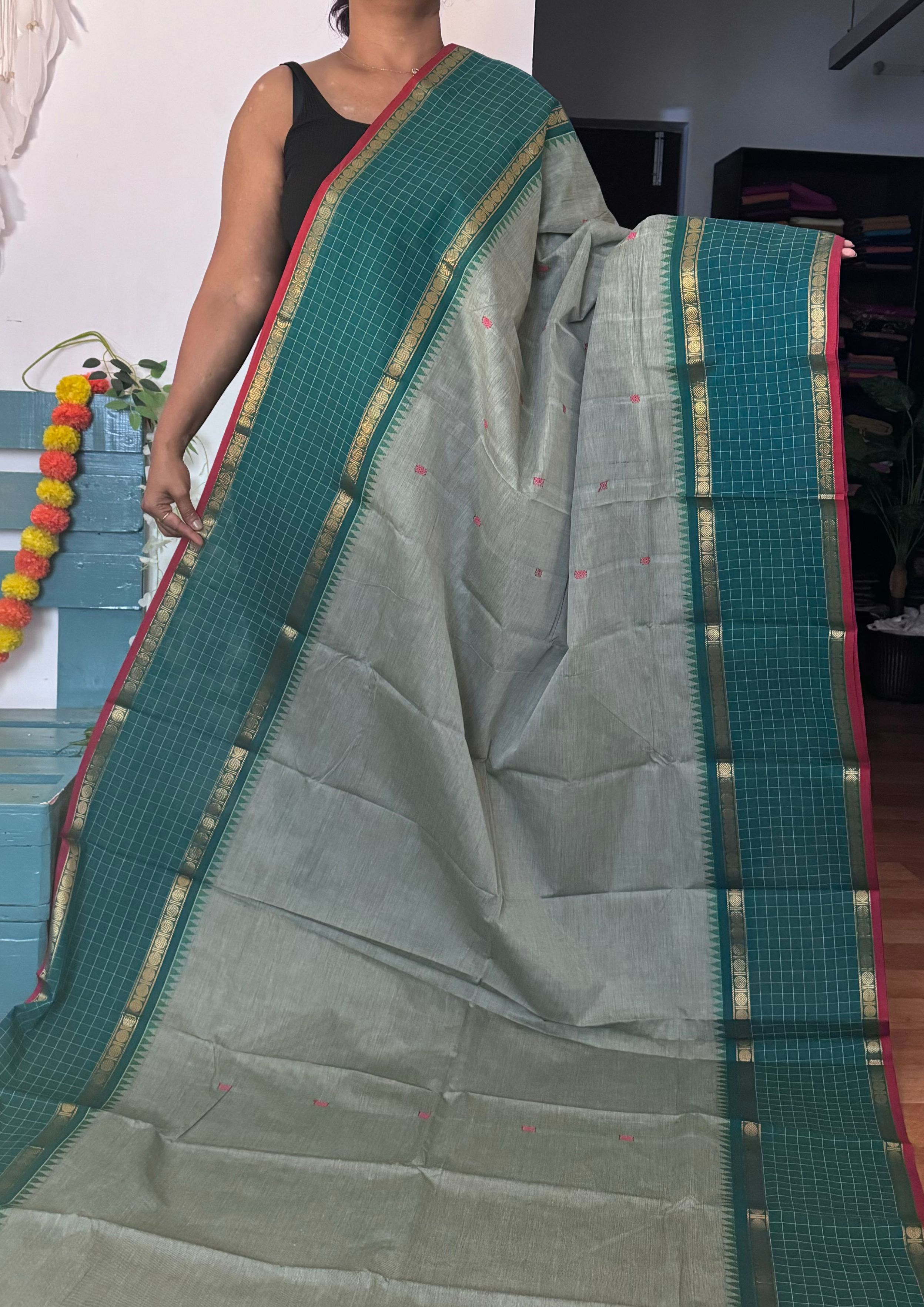 Greyish Green Checked Border Chettinadu Cotton Saree