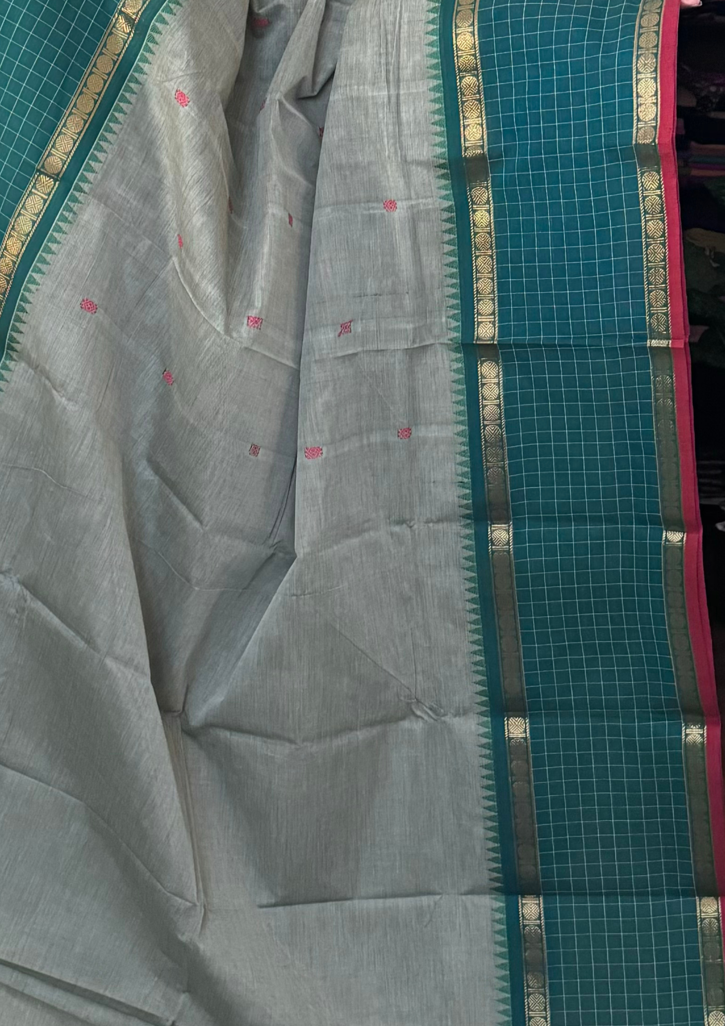 Greyish Green Checked Border Chettinadu Cotton Saree