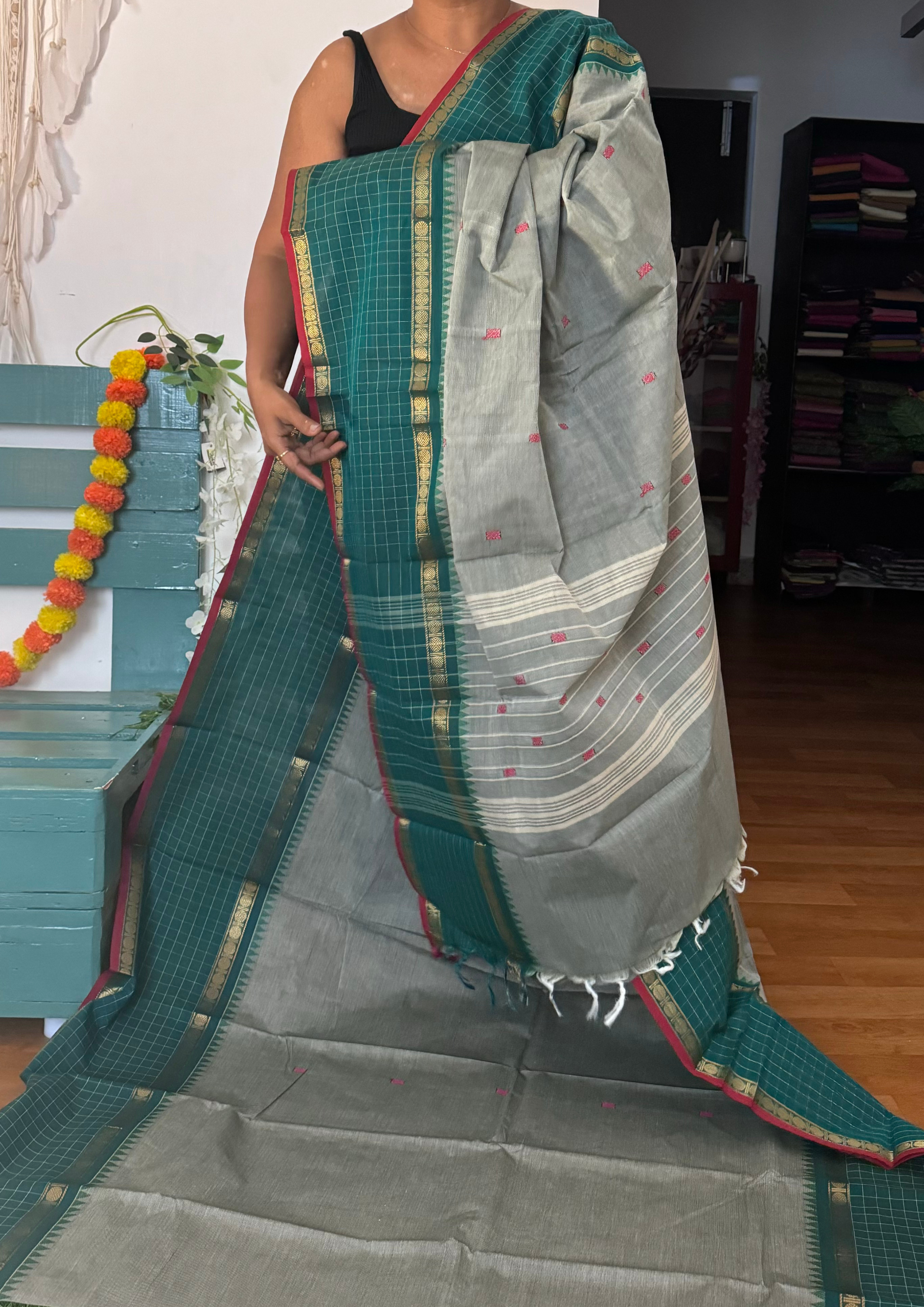 Greyish Green Checked Border Chettinadu Cotton Saree