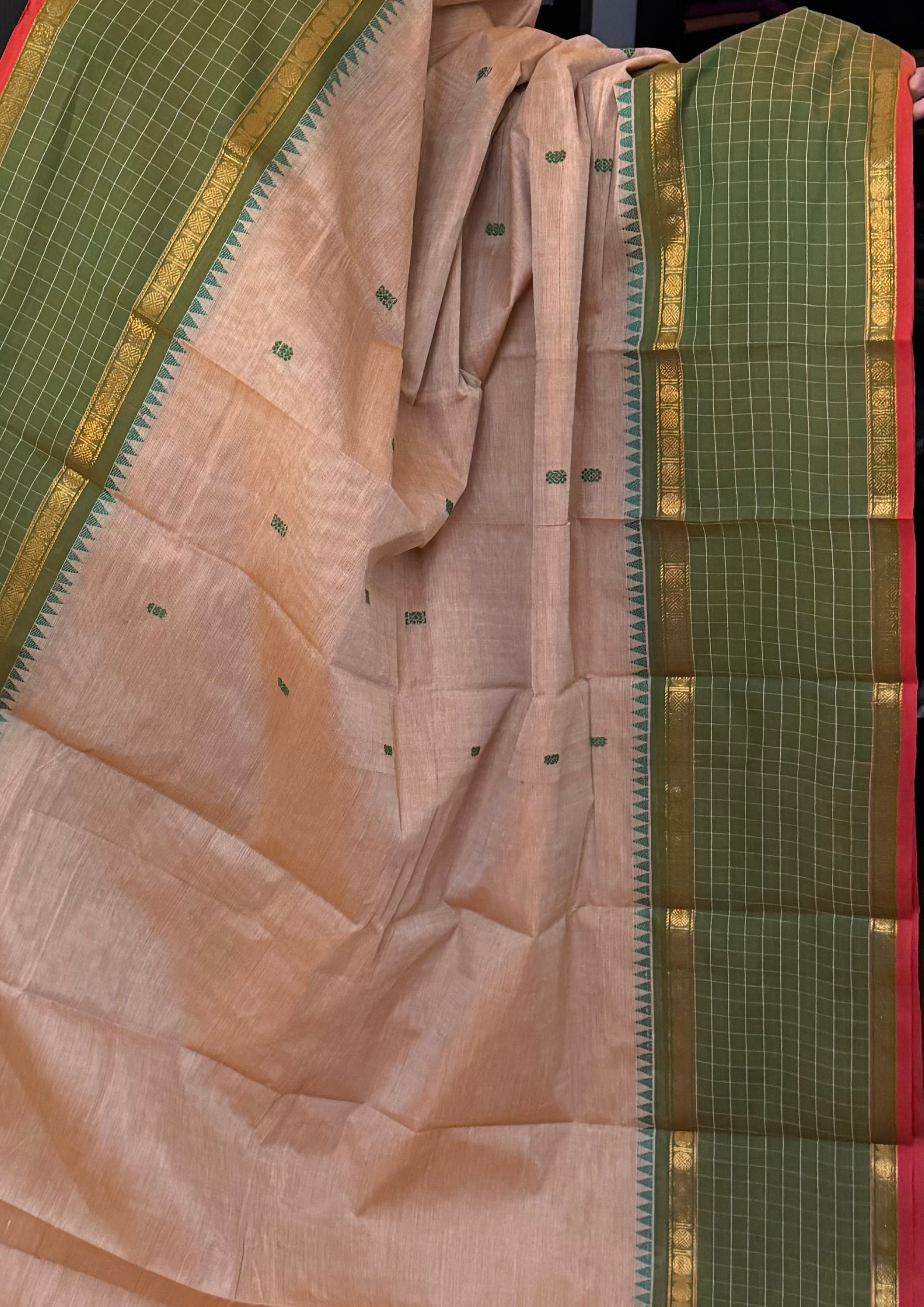 Dark Beige Checked Border Chettinadu Cotton Saree