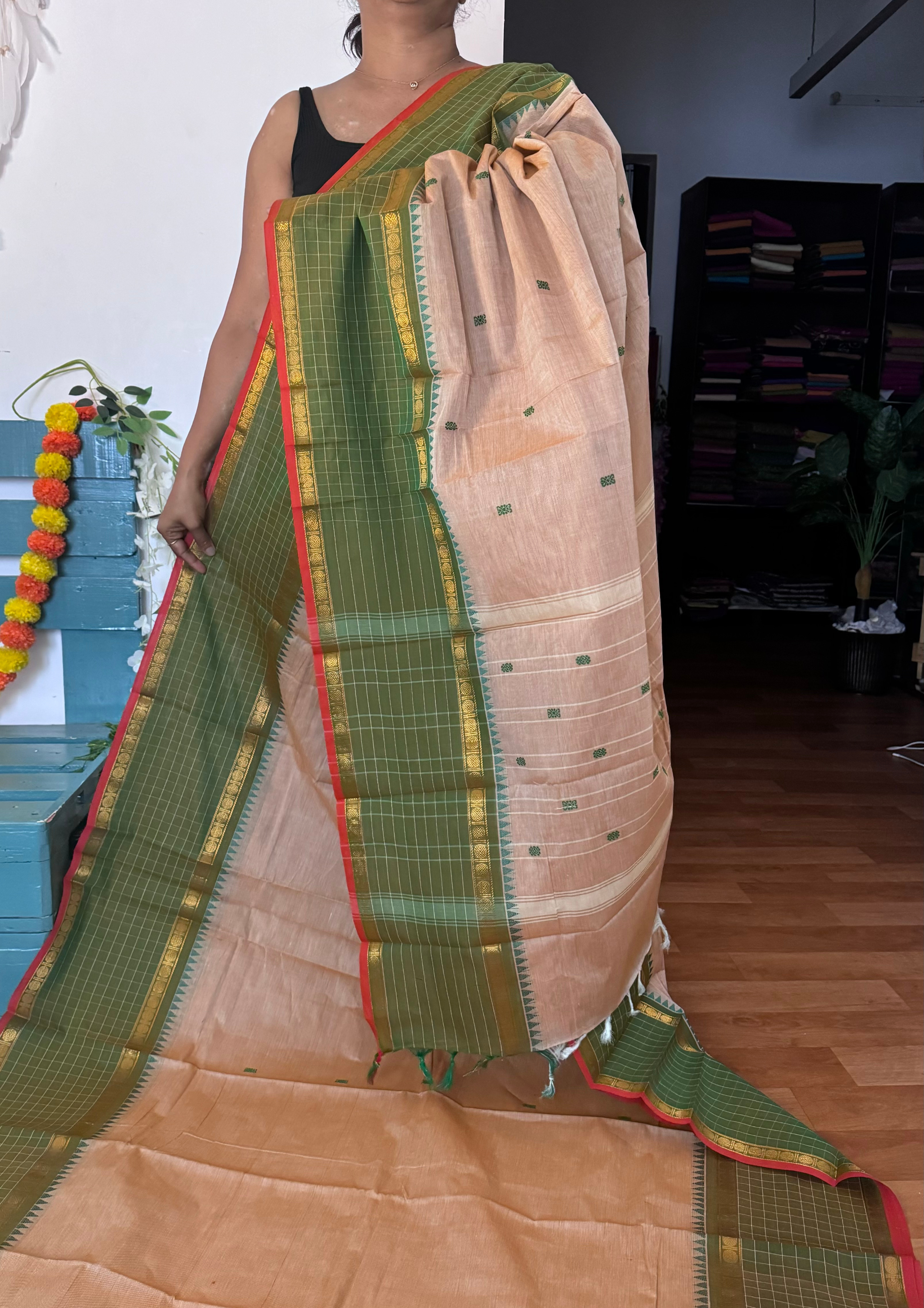 Dark Beige Checked Border Chettinadu Cotton Saree