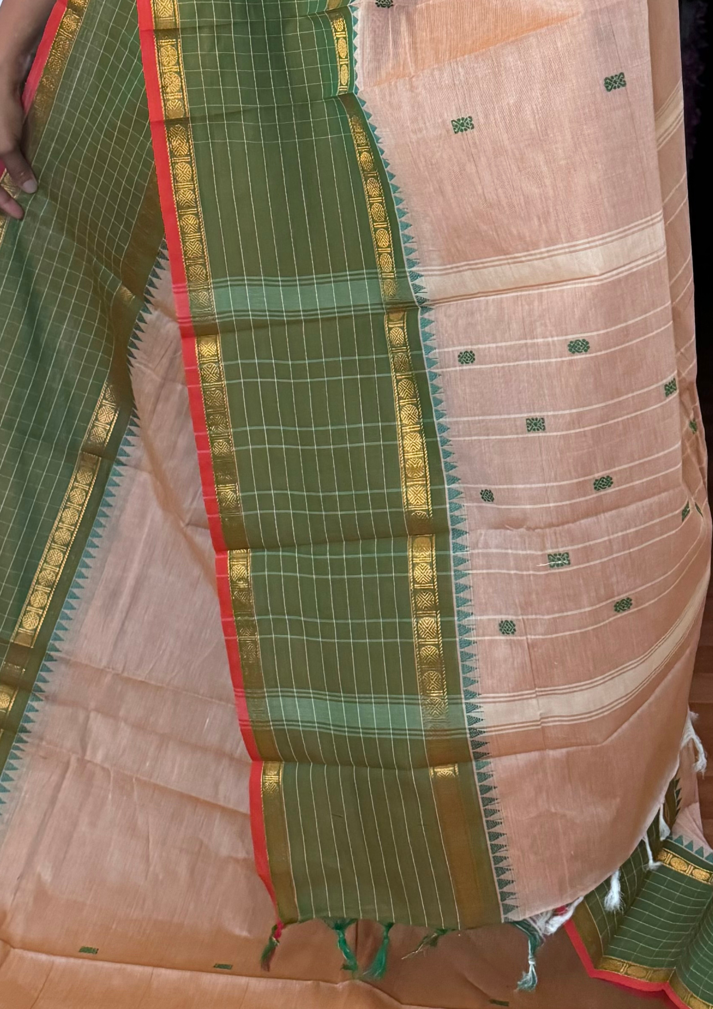 Dark Beige Checked Border Chettinadu Cotton Saree