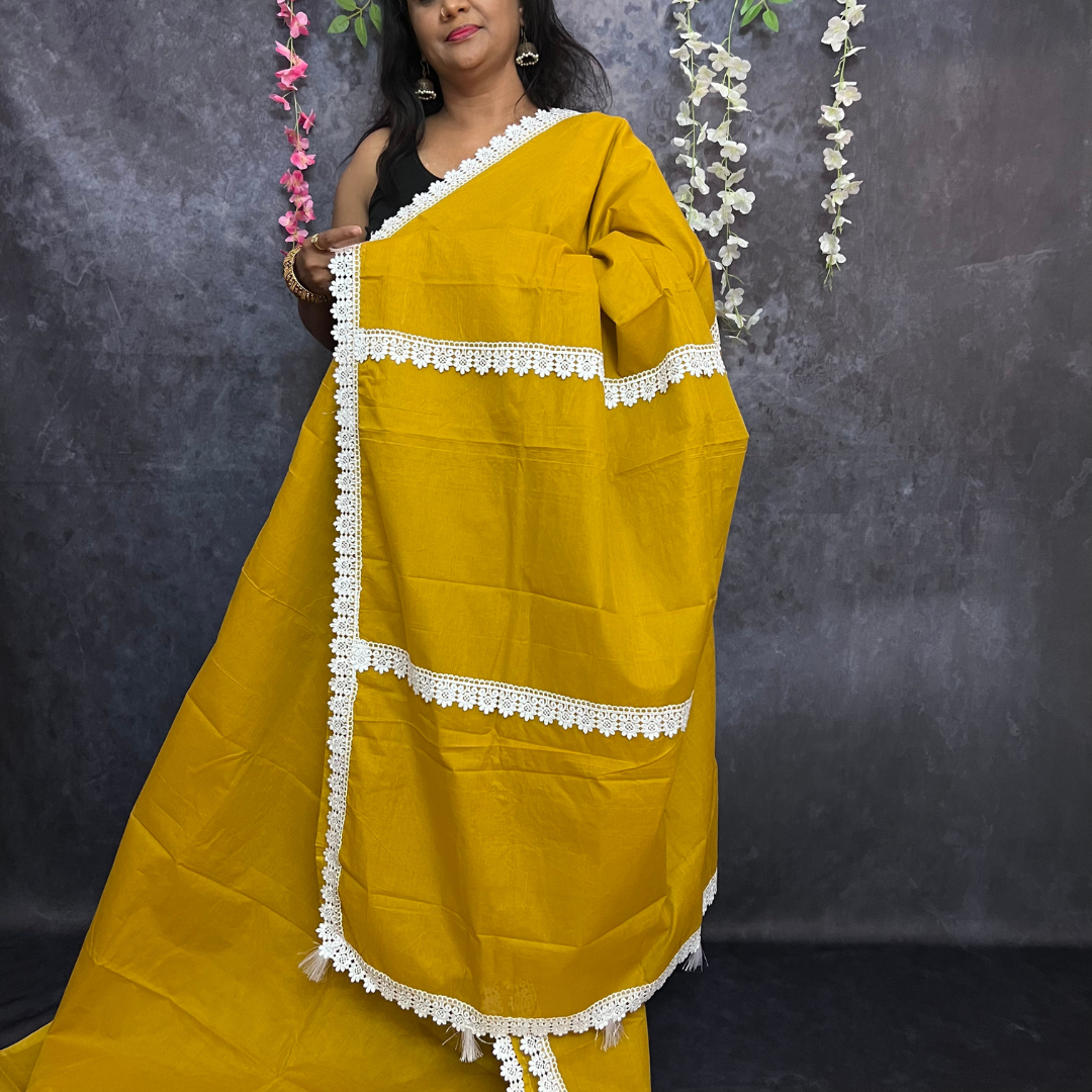 Mustard chettinadu cotton saree with lace detailing