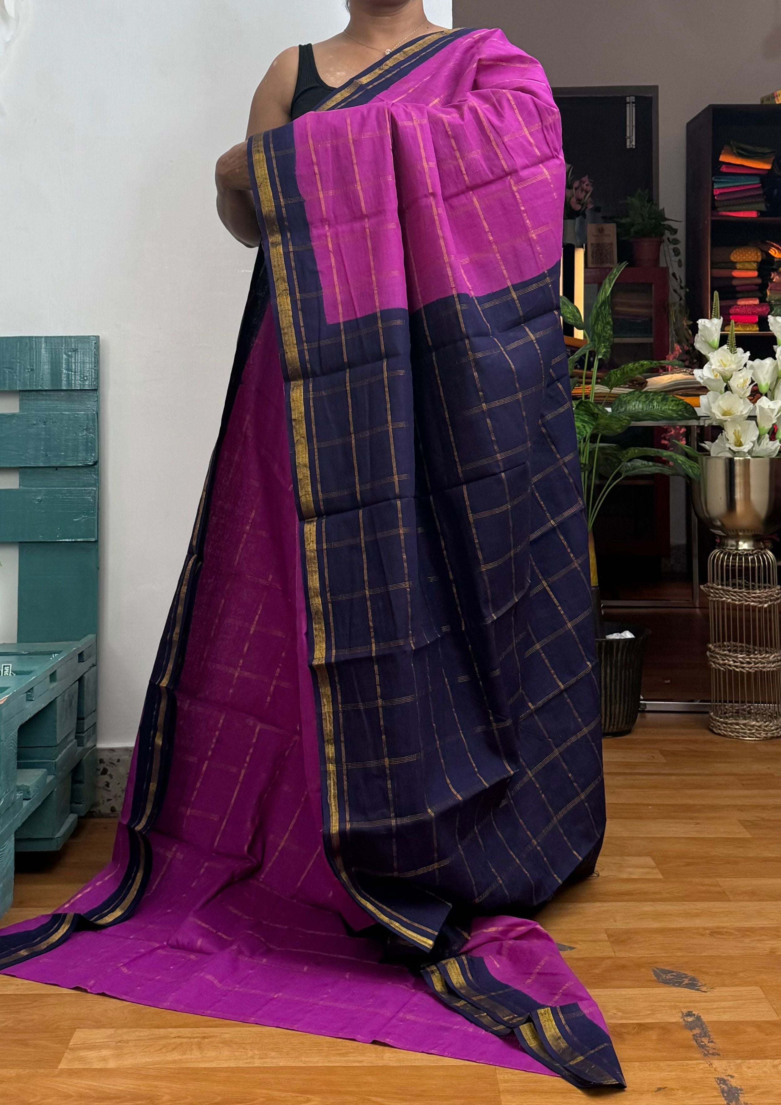 Purple Pink Big Checked Sungudi Cotton Saree