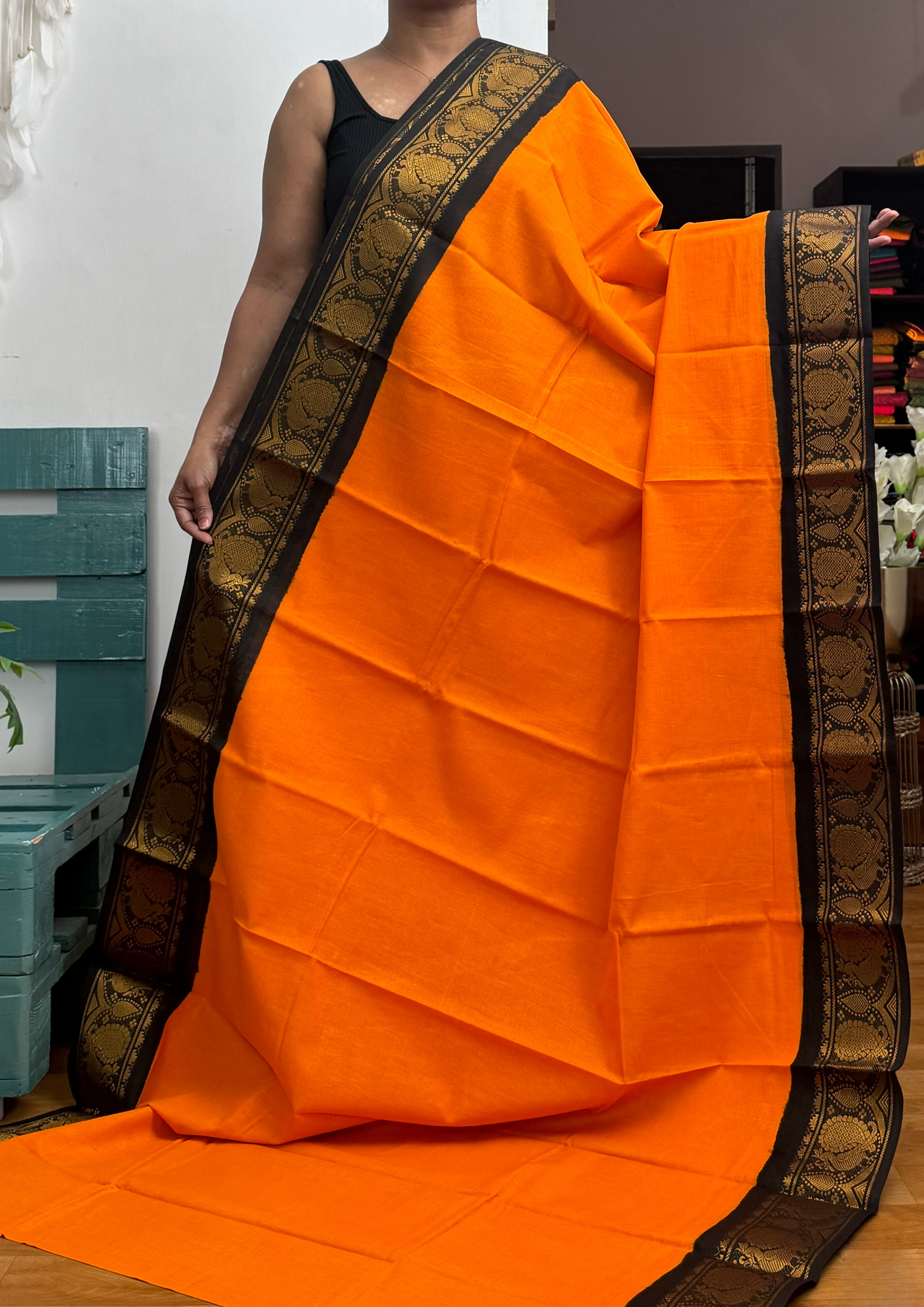 Pumpkin Orange and Black Sungudi Cotton Saree