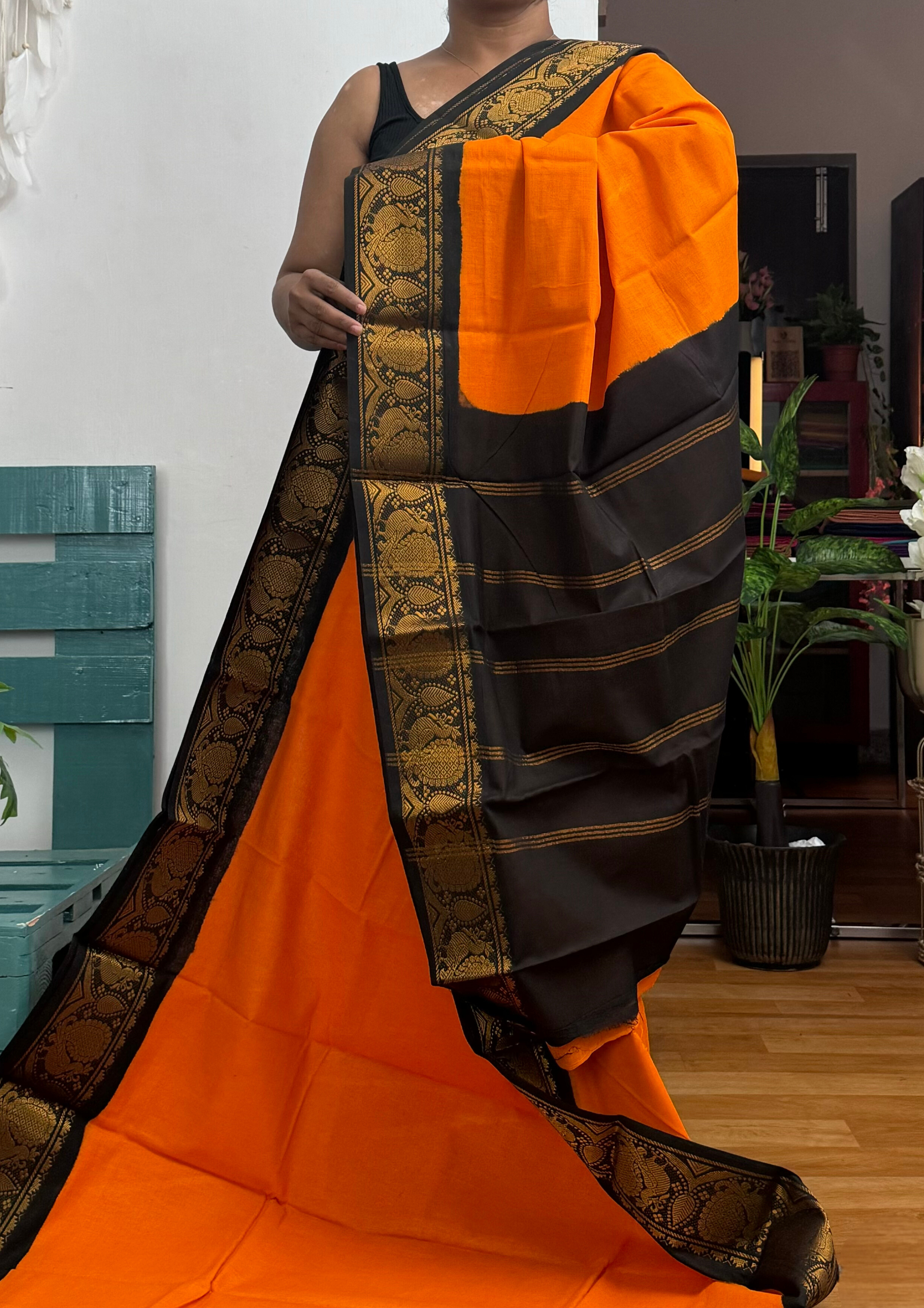 Pumpkin Orange and Black Sungudi Cotton Saree