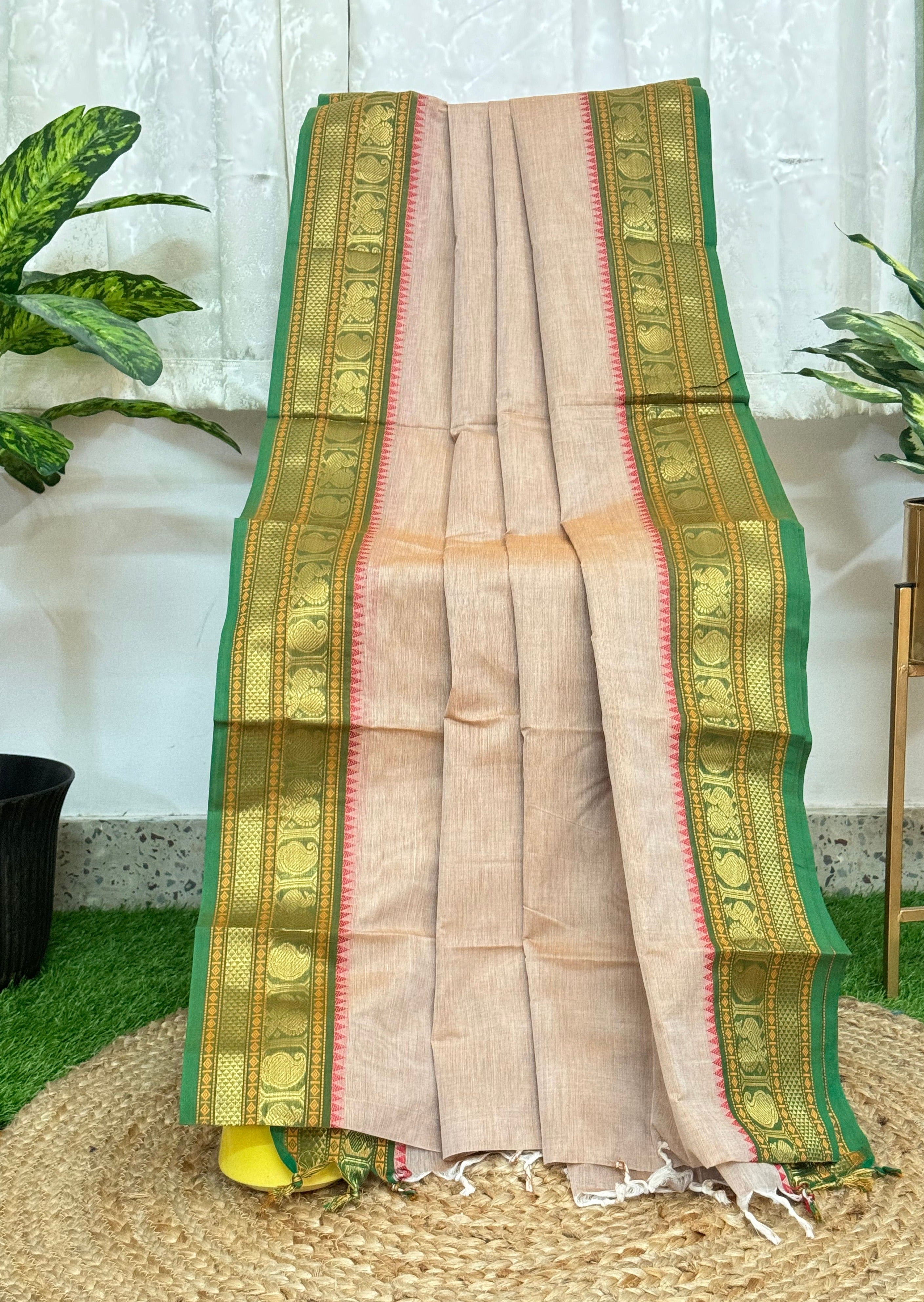 Beige and Green Paithani Border Chettinadu Cotton Saree