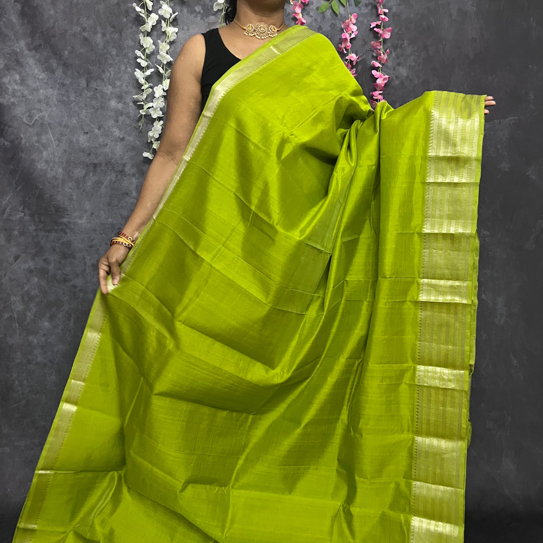 Parrot Green Silver Border Mangalagiri Silk Cotton Saree