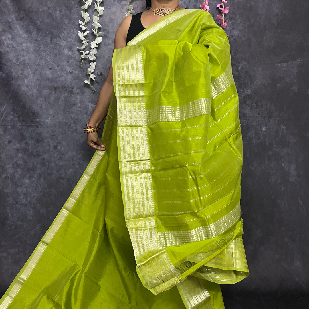 Parrot Green Silver Border Mangalagiri Silk Cotton Saree