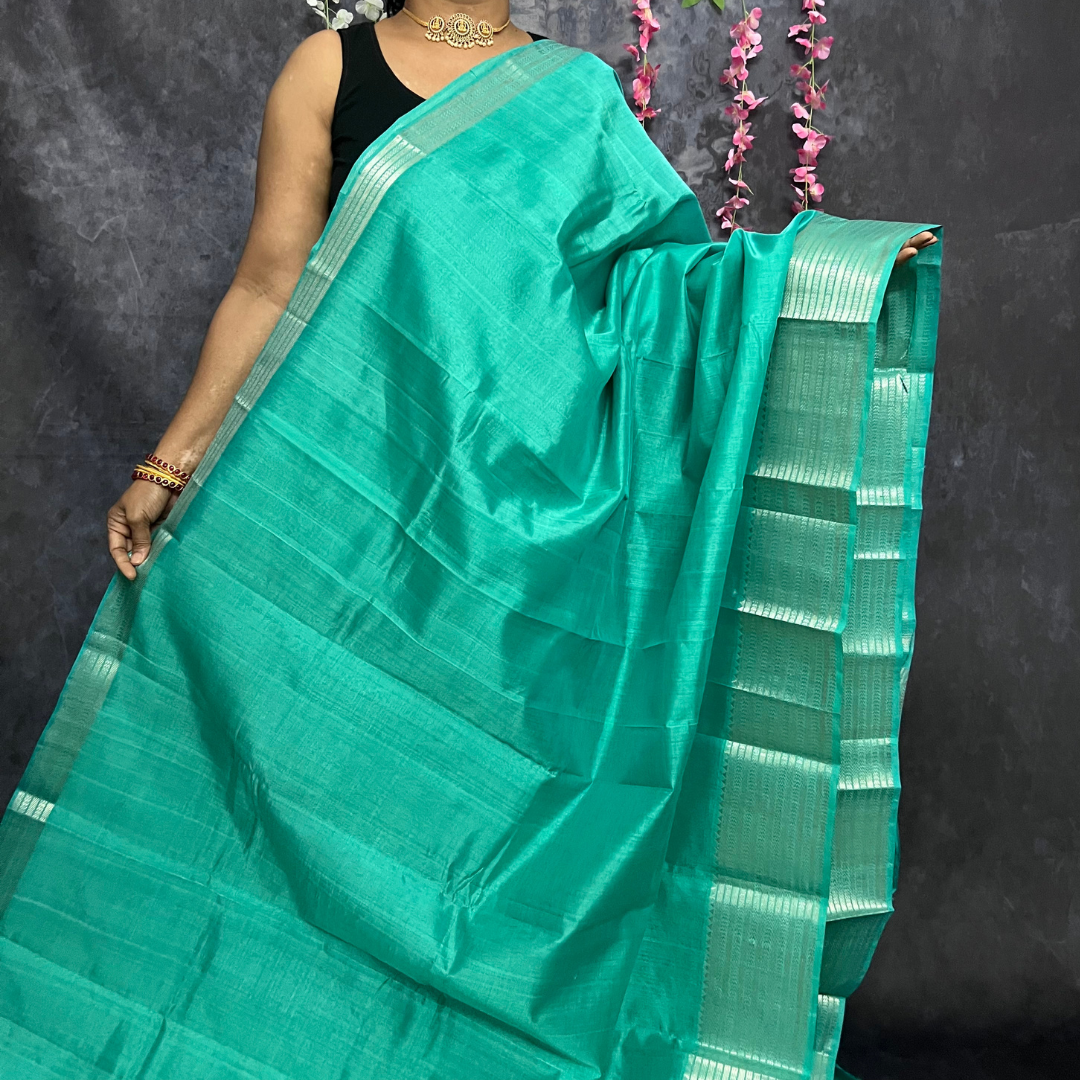 Sea Green Silver Border Mangalagiri Silk Cotton Saree