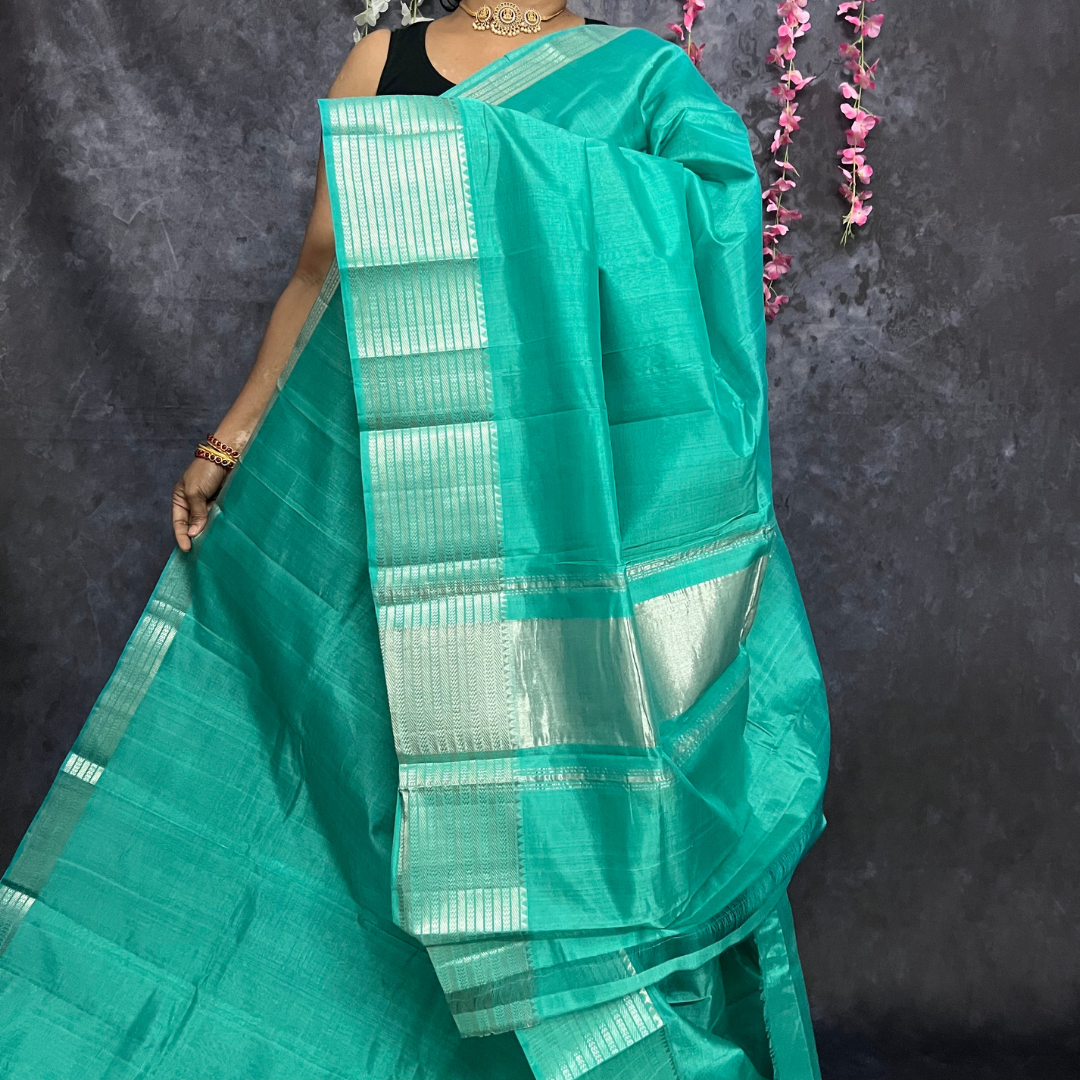 Sea Green Silver Border Mangalagiri Silk Cotton Saree