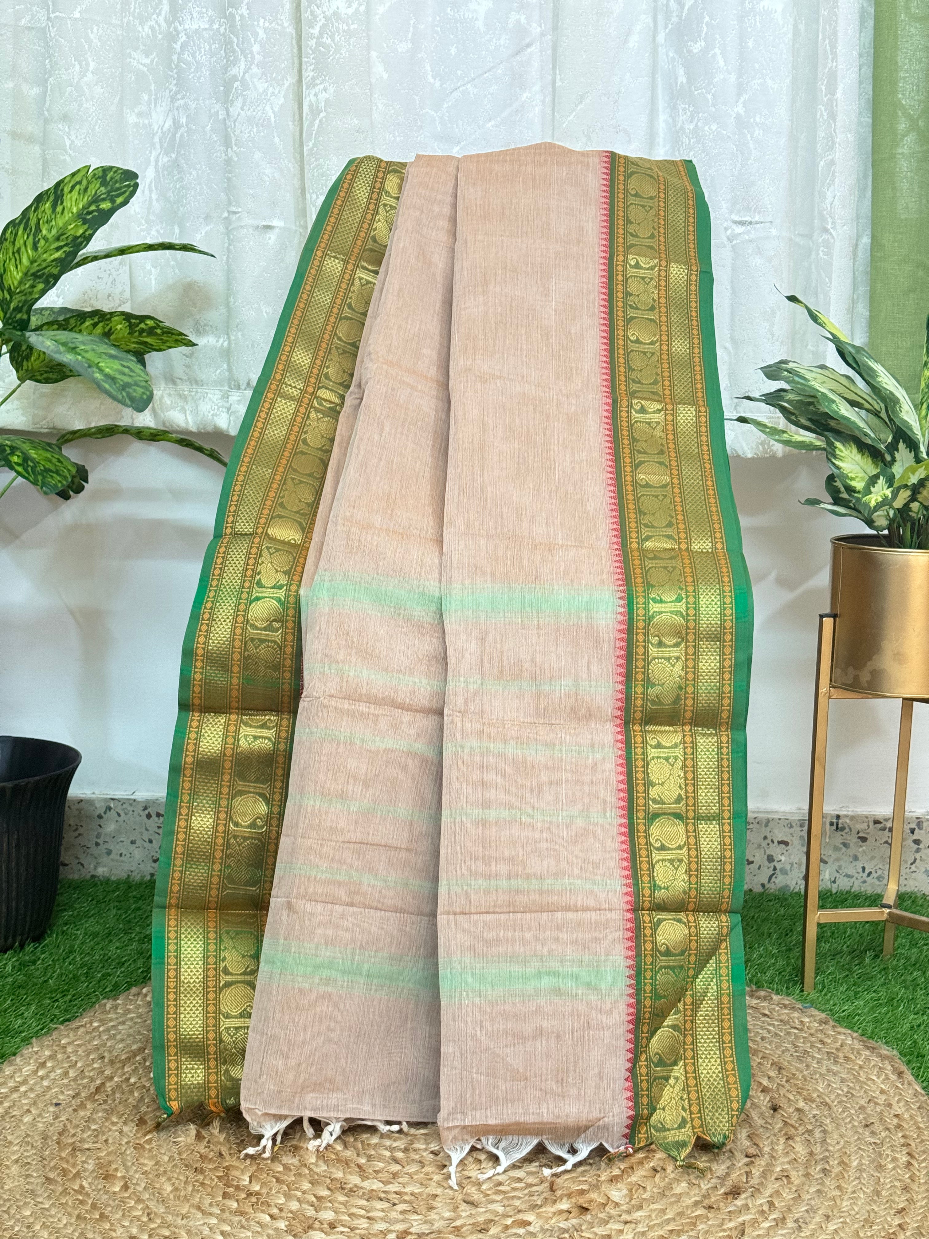 Beige and Green Paithani Border Chettinadu Cotton Saree