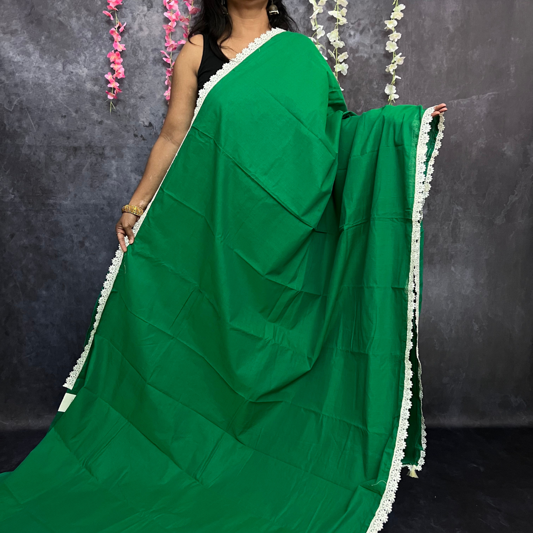 Green chettinadu cotton saree with lace detailing