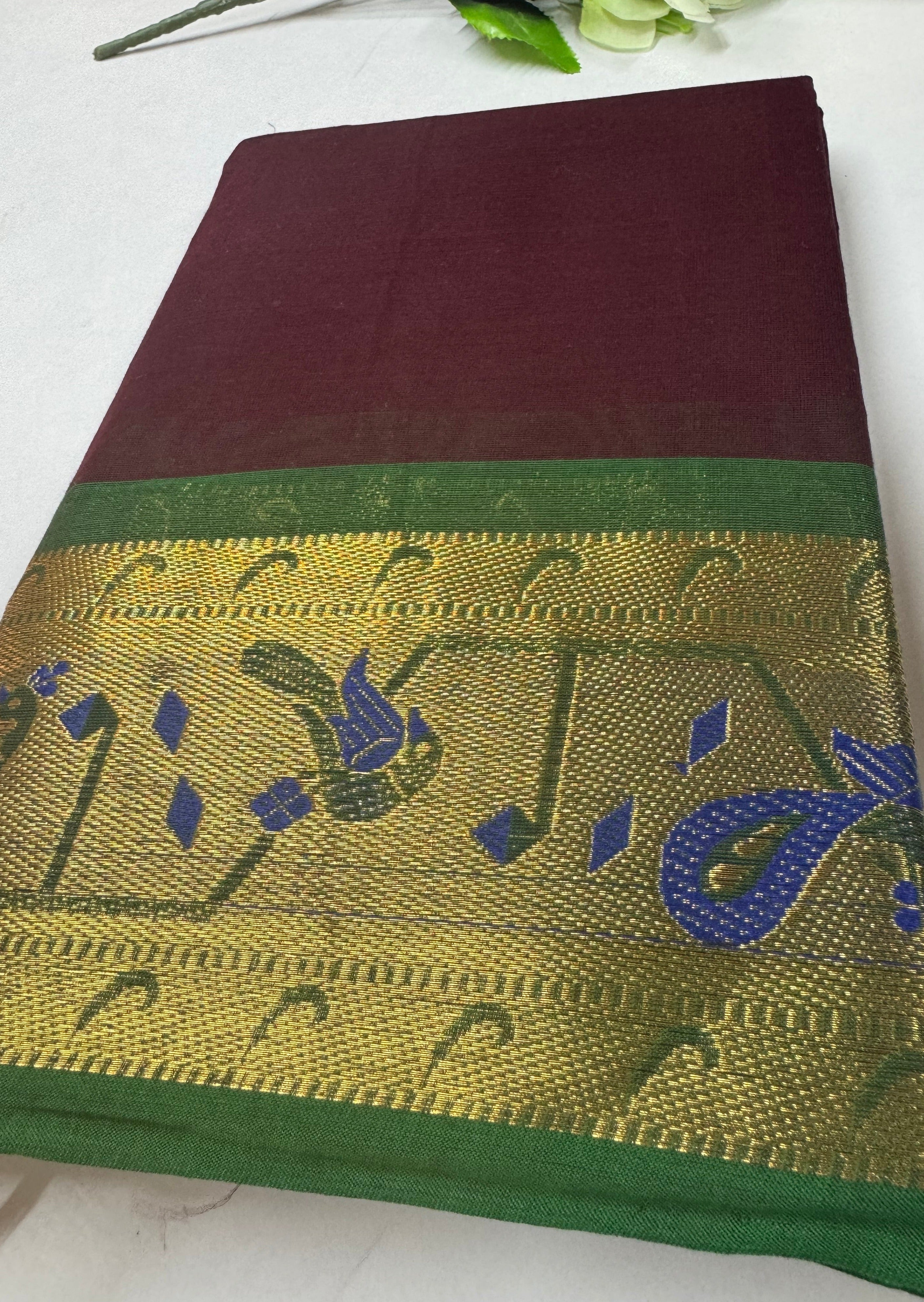 Maroon and Green Paithani Border Chettinadu Cotton Saree