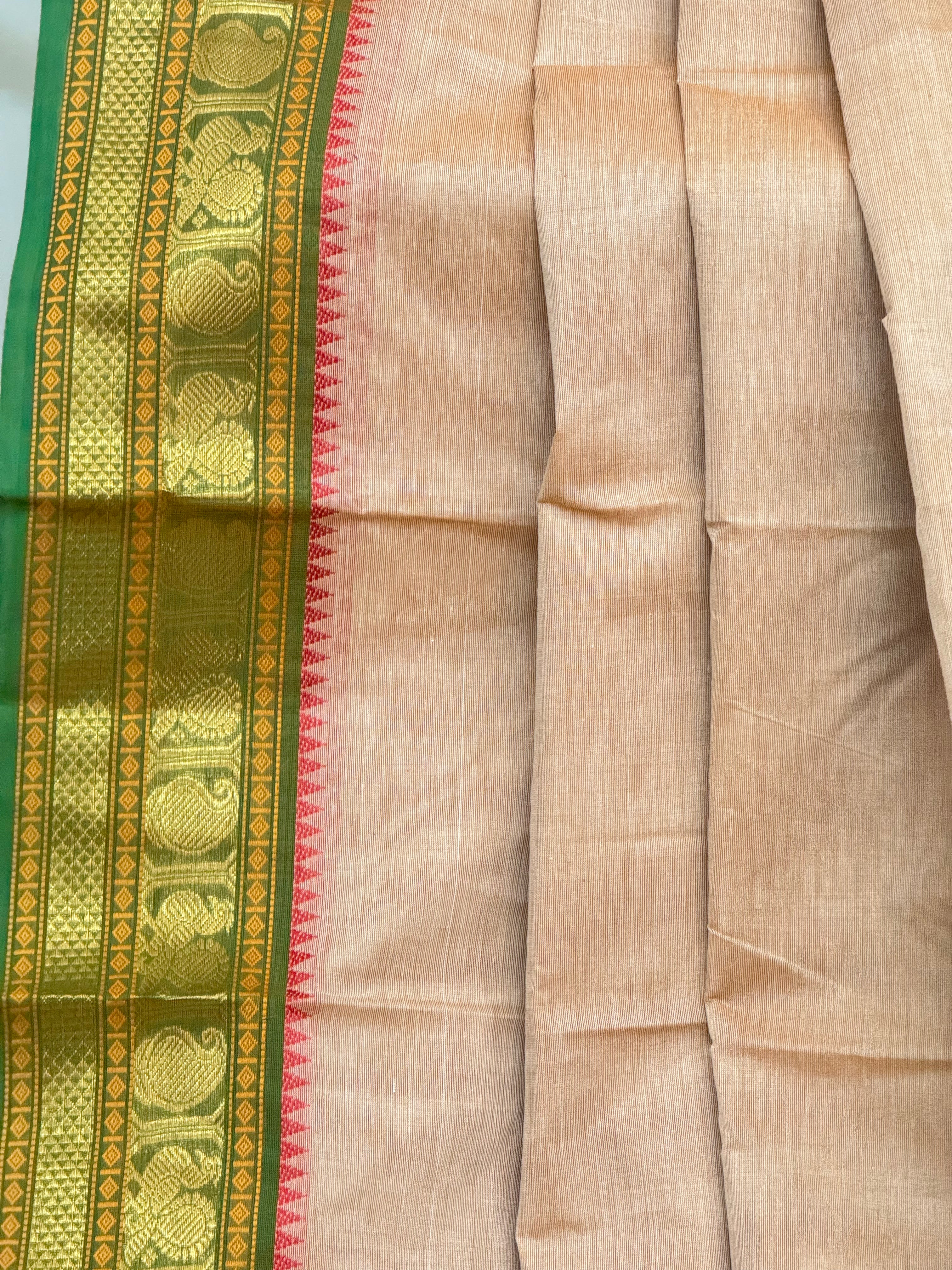 Beige and Green Paithani Border Chettinadu Cotton Saree