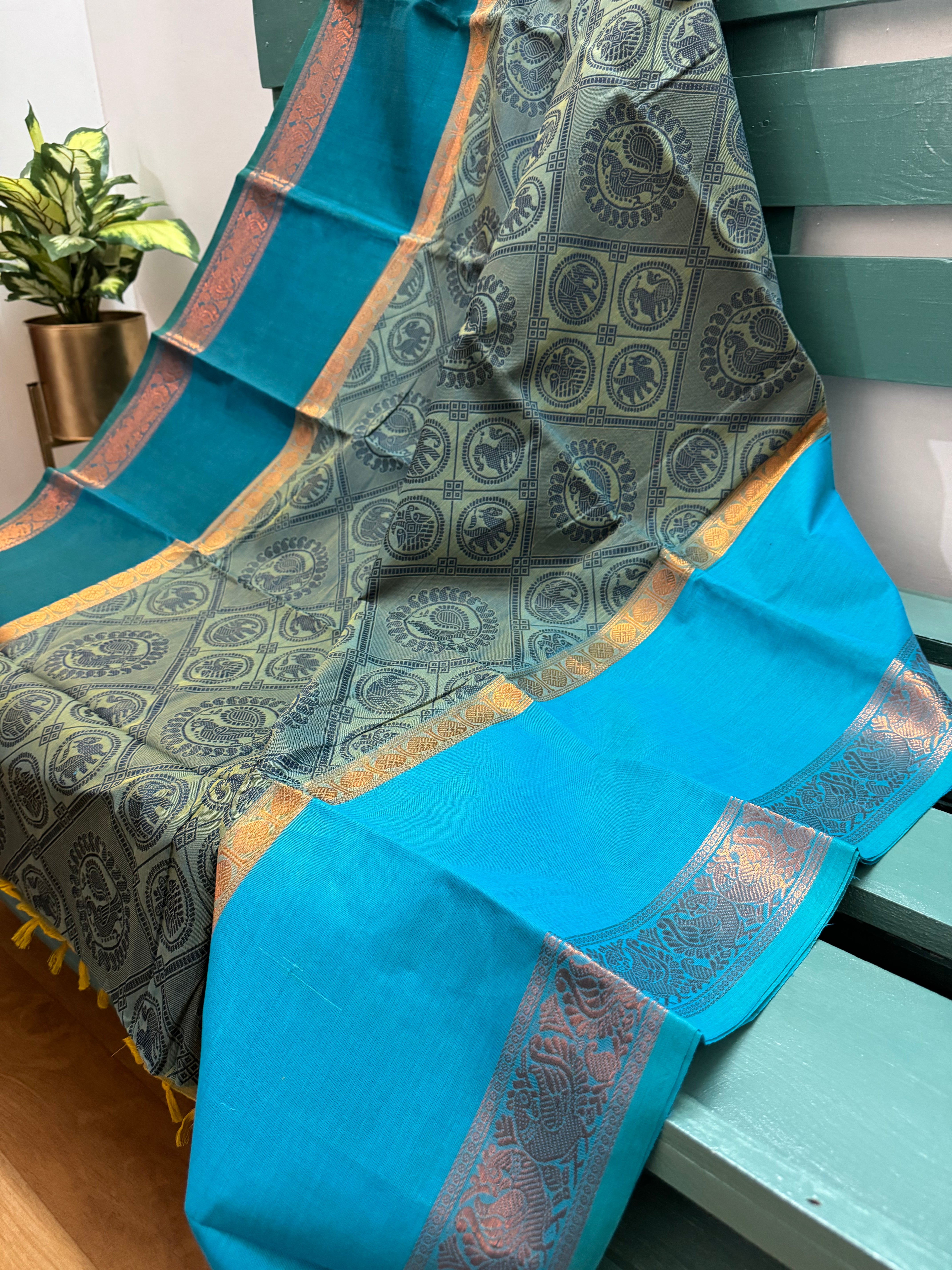 Greenish Blue Vanasingaram Cotton Saree