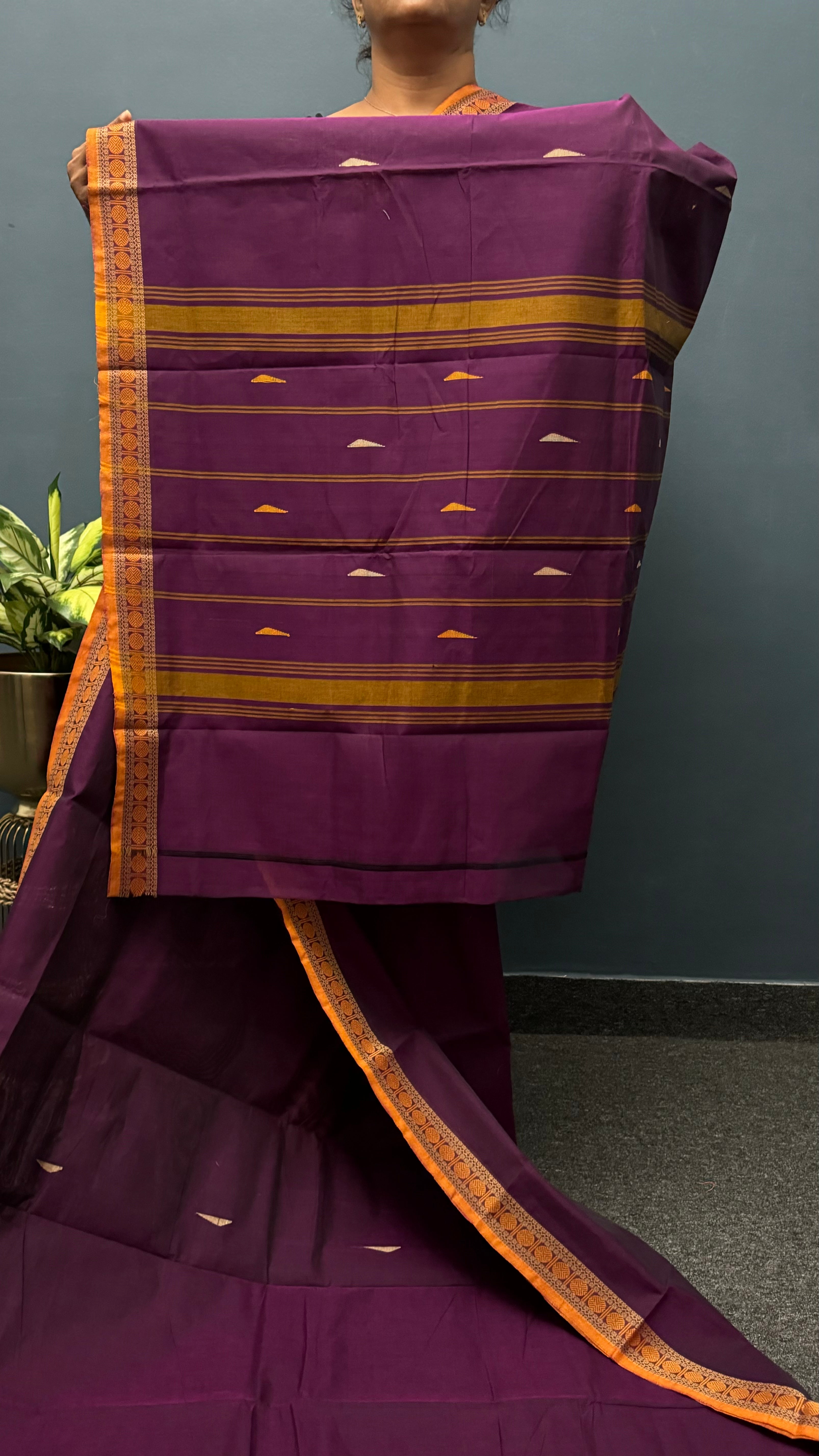 Violet and Mustard Small Border Chettinadu Cotton Saree